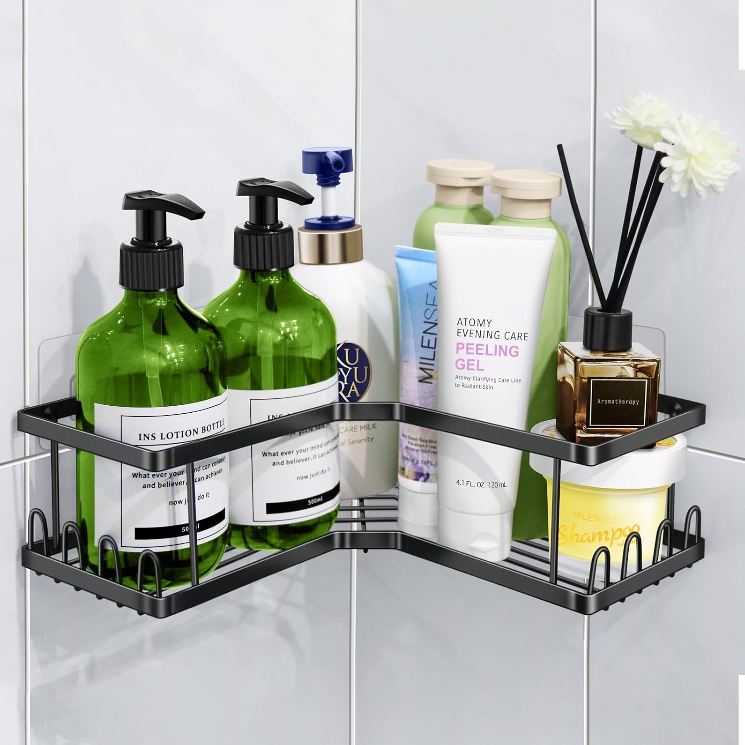 Corner Shower Caddy,Hanging Adhesive Bathroom Shelves, Bathroom Organizers and Storage for Inside Shower, Black Large Capacity Rustproof Shower Accessories for Bathroom & Apartment