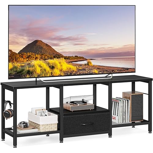 Casaottima 47" TV Stand with Open Storage Shelves for 43, 50 Inch TV, Entertainment Center with Fabric Drawers, TV Console Table with Soundbar Shelf TV Stand for Living Room Bedroom, Pure Black