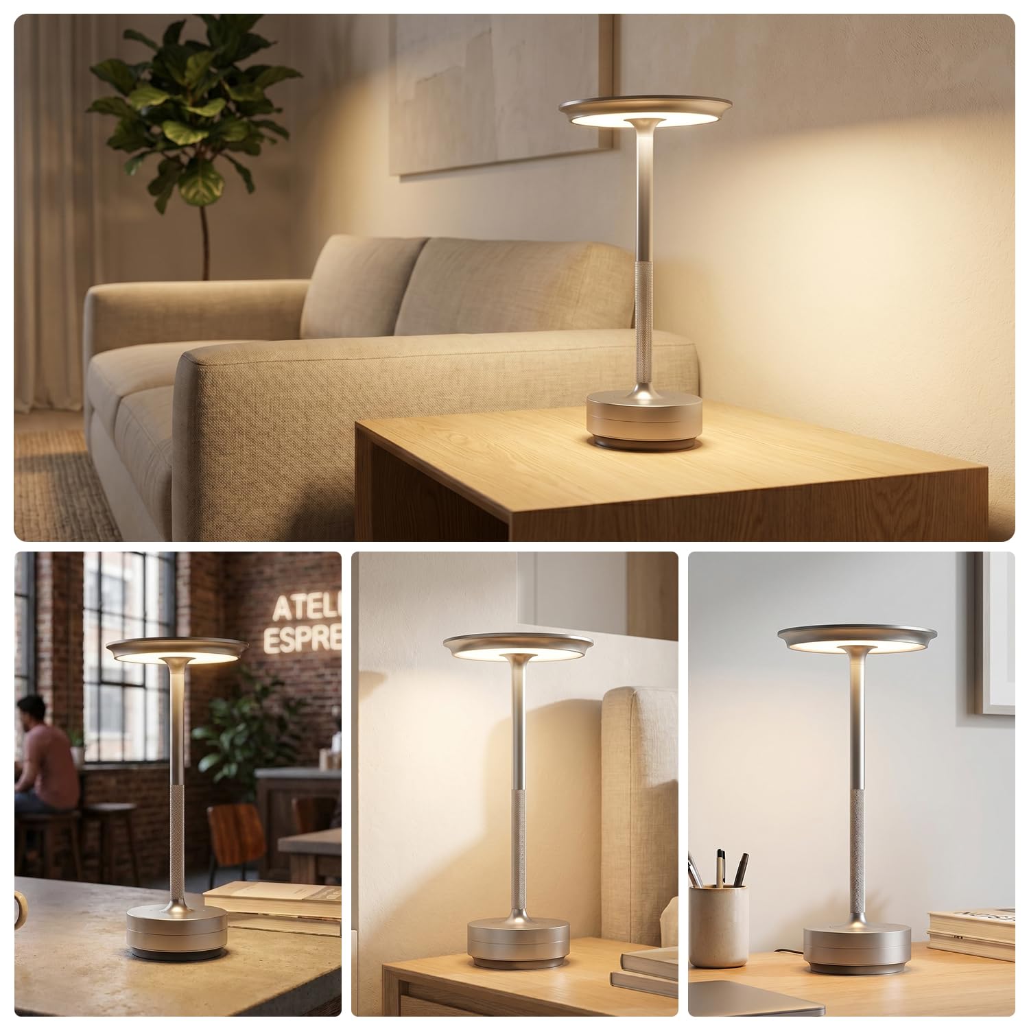 Gresonic 2er led akku tischleuchte nachttischlampe–tischlampe Silber per Touch dimmbar, lampe akku mit USB,tischlampe akku für modernes Wohnzimmer, Schlafzimmer Außenbereich vintage tischlampe