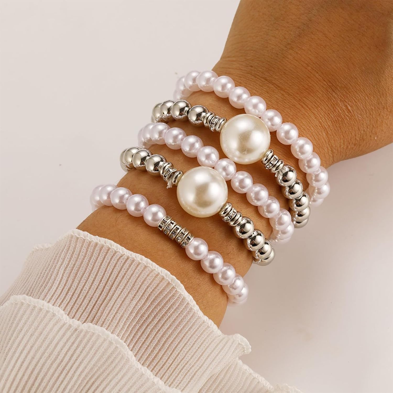 Pearl Bracelet for Women Chunky Fake Pearl Stackable Stretch Bracelet Set Multilayer Gold Beaded Bangles Wedding Bridesmaids Bridal Party Jewelry Gift - Image 2