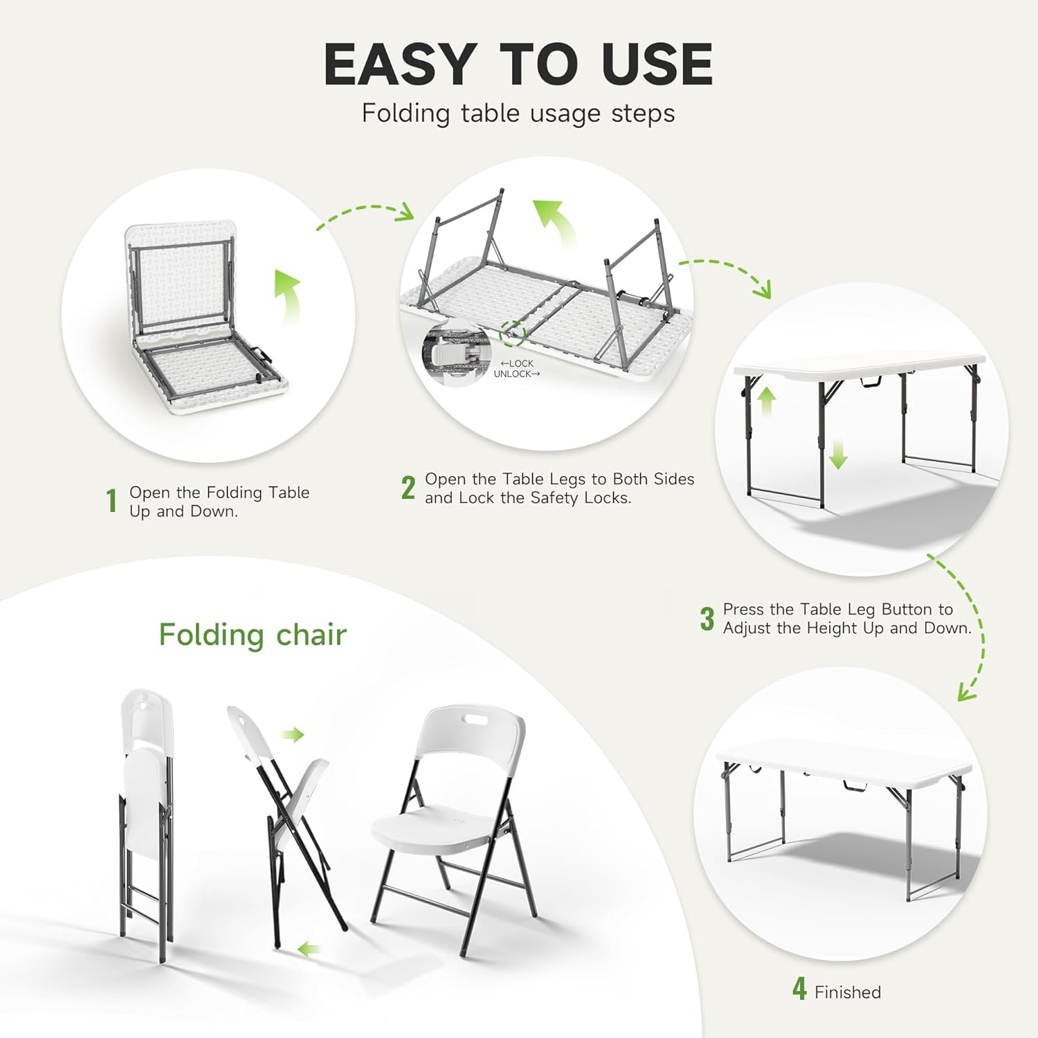 4FT Folding Table Set with 4 Chairs – Heavy-Duty 400 lb Table & 600 lb Chairs, Dual-Height Adjustment, Portable Folding Furniture Set for Camping, Parties, Indoor & Outdoor Use