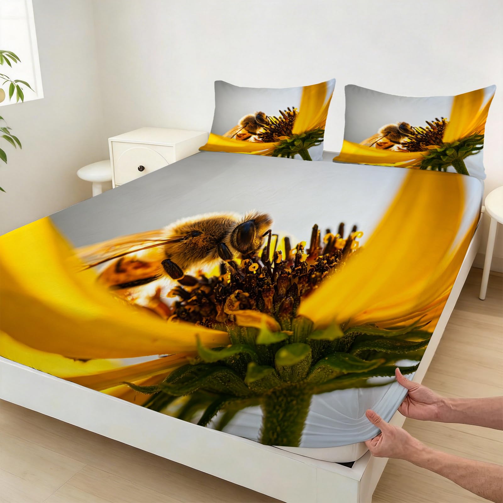 Sábana Bajera Ajustable 180 x 200 Flores de Abeja Tema Naturaleza