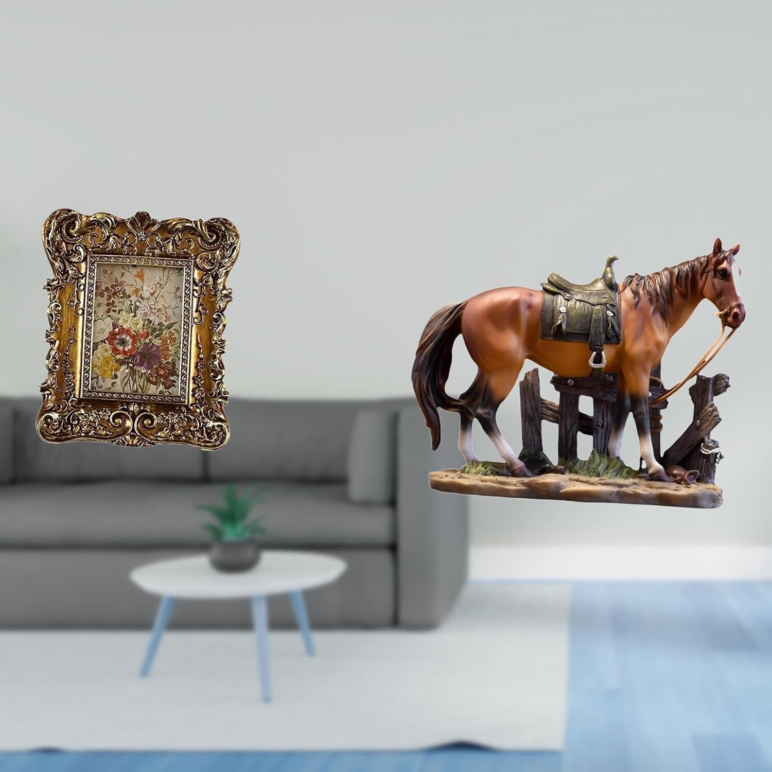 Fenteer Photo Frame Vintage Table Picture Frame Ornate Wall Hanging Picture Holder Resin Material Horse Figurine Sculpture Collectible Suitable for Home Decor