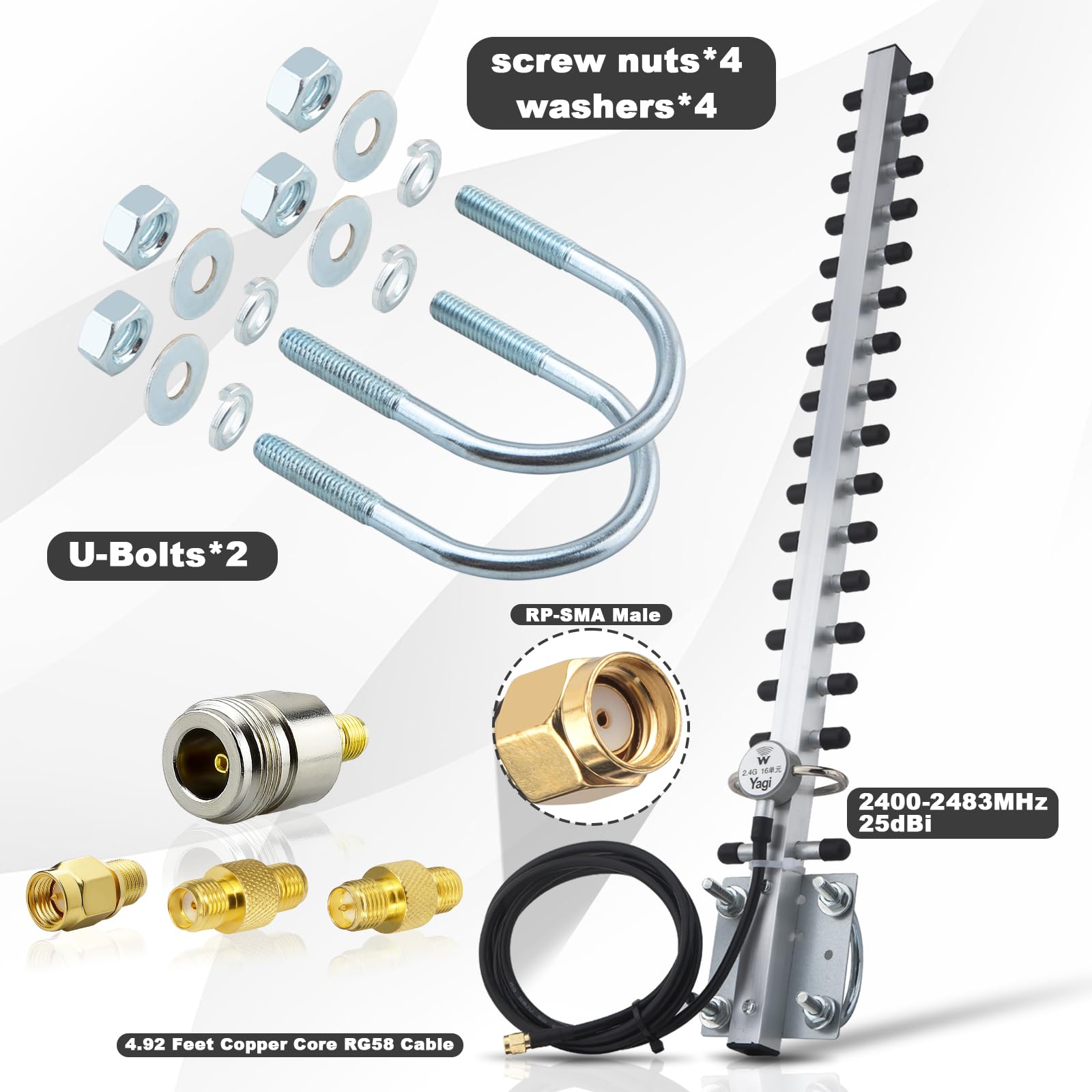 Yagi Antenne WiFi 2,4 GHz 25 dBi à gain élevé directionnelle avec connecteur RP-SMA et câble de 1,5 m, kit d'adaptateur de type RPSMA/SMA/N pour routeur, adaptateur USB, caméra de sécurité