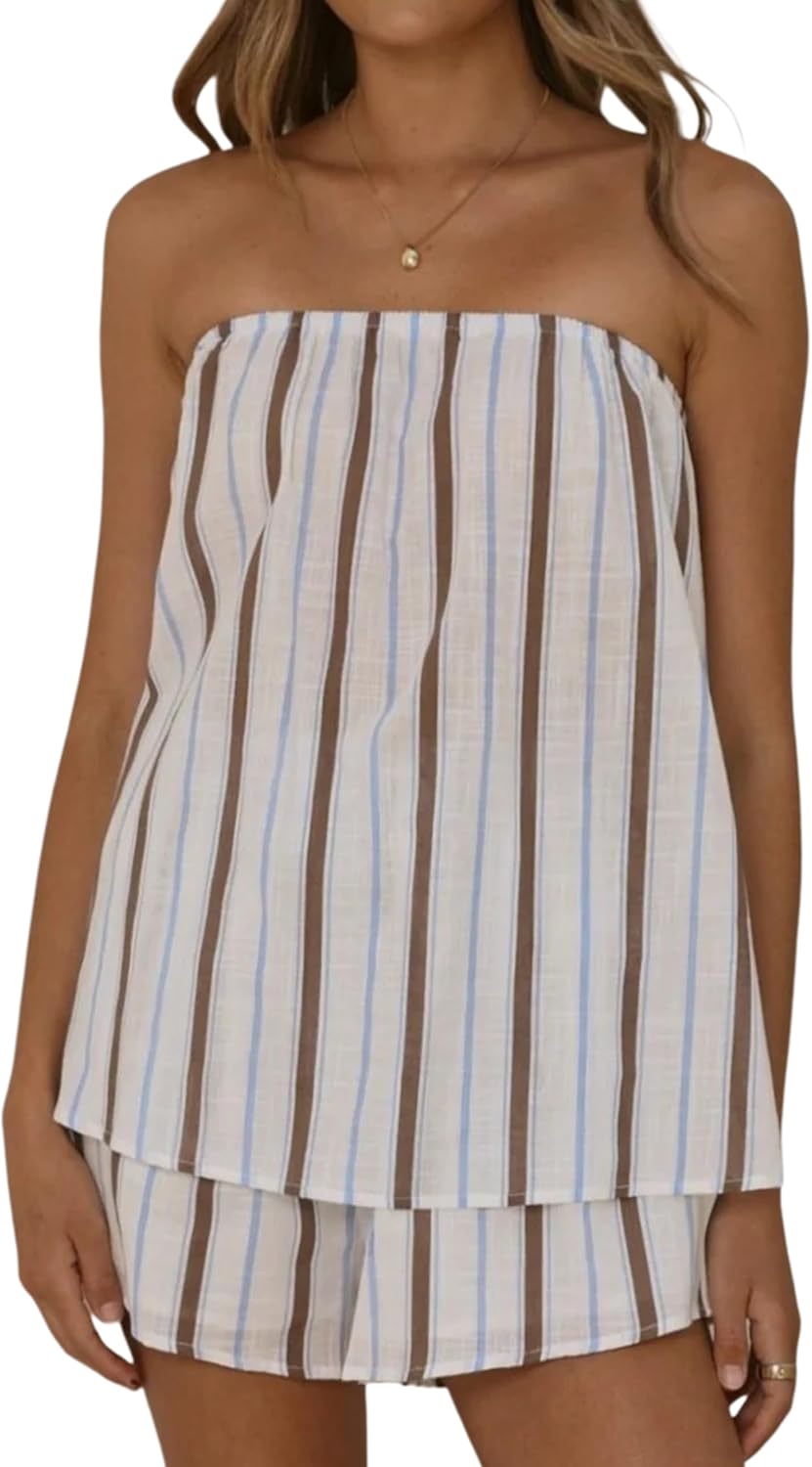 Dsewpaur Women Striped 2 Piece Short Set, Sleeveless Tube Top Summer Matching Outfits for Beach Vacation Travel
