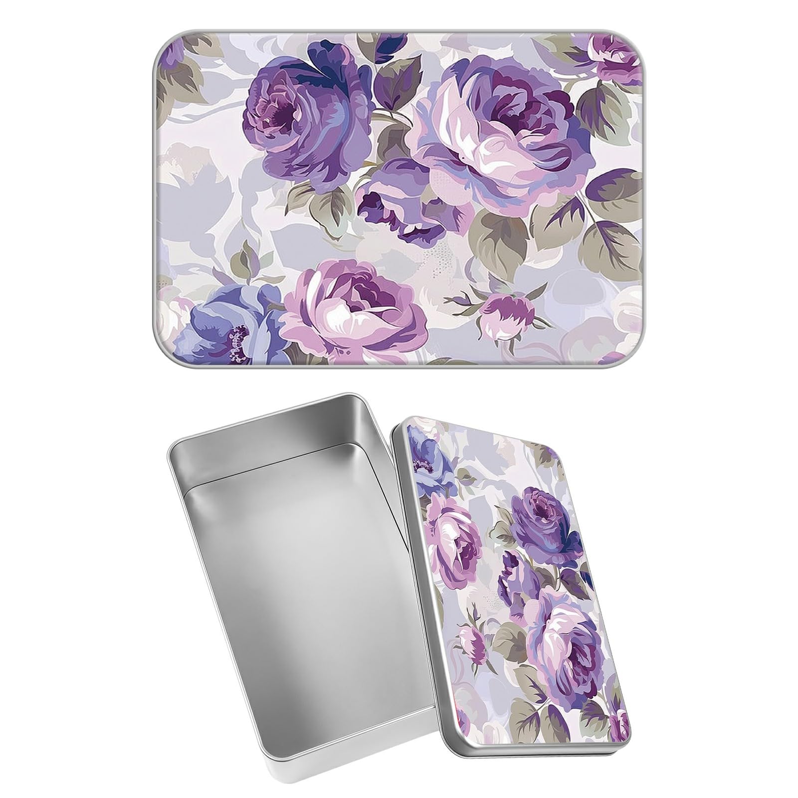 Rectangular Metal Tin Box with Removable Lid, Purple Flowers Decorative Printed Metal Storage Container for Sweets Jewelry Tea Candies Cakes 7 x 4.33 x 2.17 inch– Single Pack