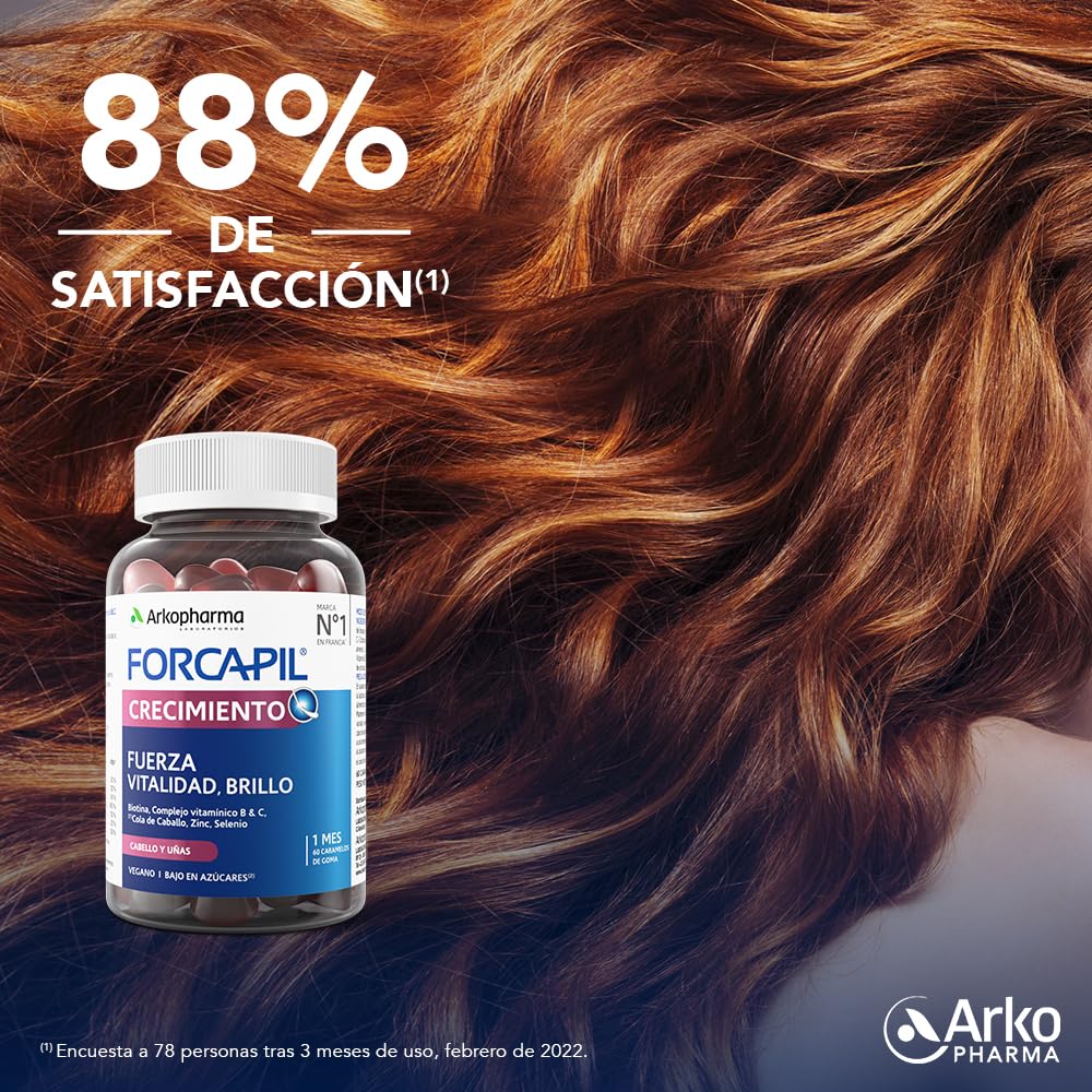 Arkopharma Forcapil Crecimiento, Pack Tratamiento de 3 meses, Sabor Frutos Rojos, Fuerza, Vitalidad y Brillo, Alta Concentración en Biotina, Vitamina B y C, Rojo, 60 Unidad (Paquete de 1)