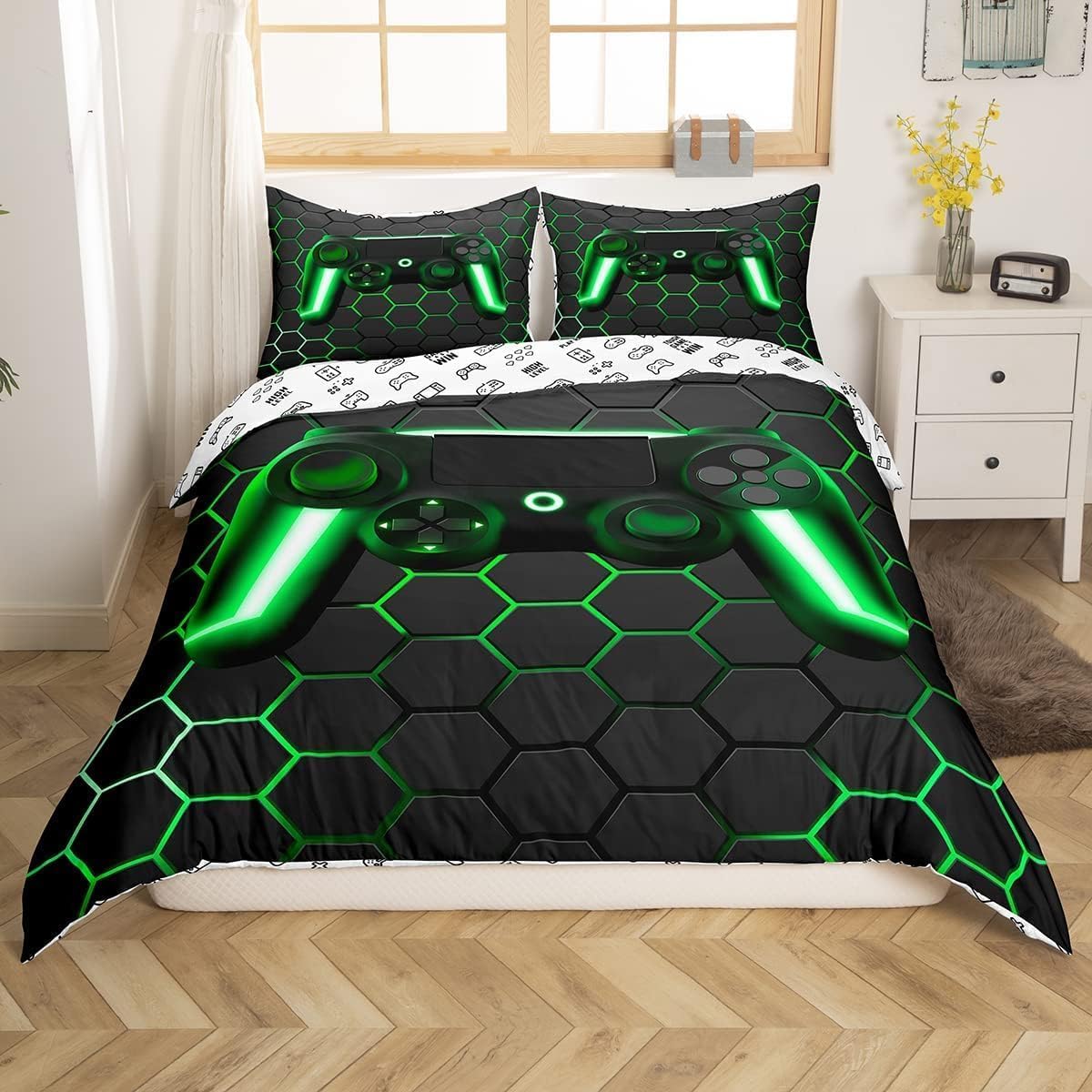 Geometric Gamer Duvet Cover Set Neon Lights Geometric Comforter Cover Honeycomb Gamepad Gaming Bedding Sets for Kids Teen Boys Beehive Hexagon Quilt Cover 3 Pieces King Size Grey Green… - Image 2