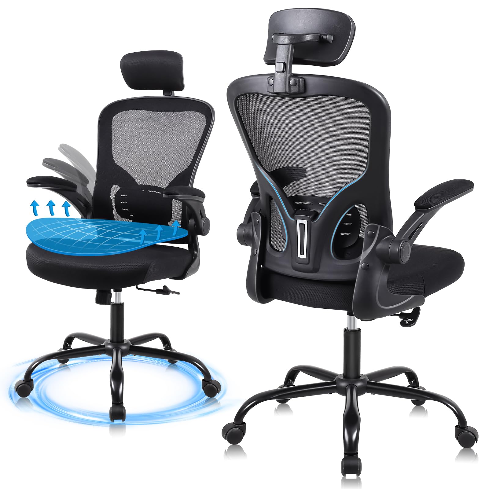 Ergonomic Office Desk Chair- Mesh Home Office Desk Chair with Headrests & Adjustable Armrests,Executive Rolling Chair