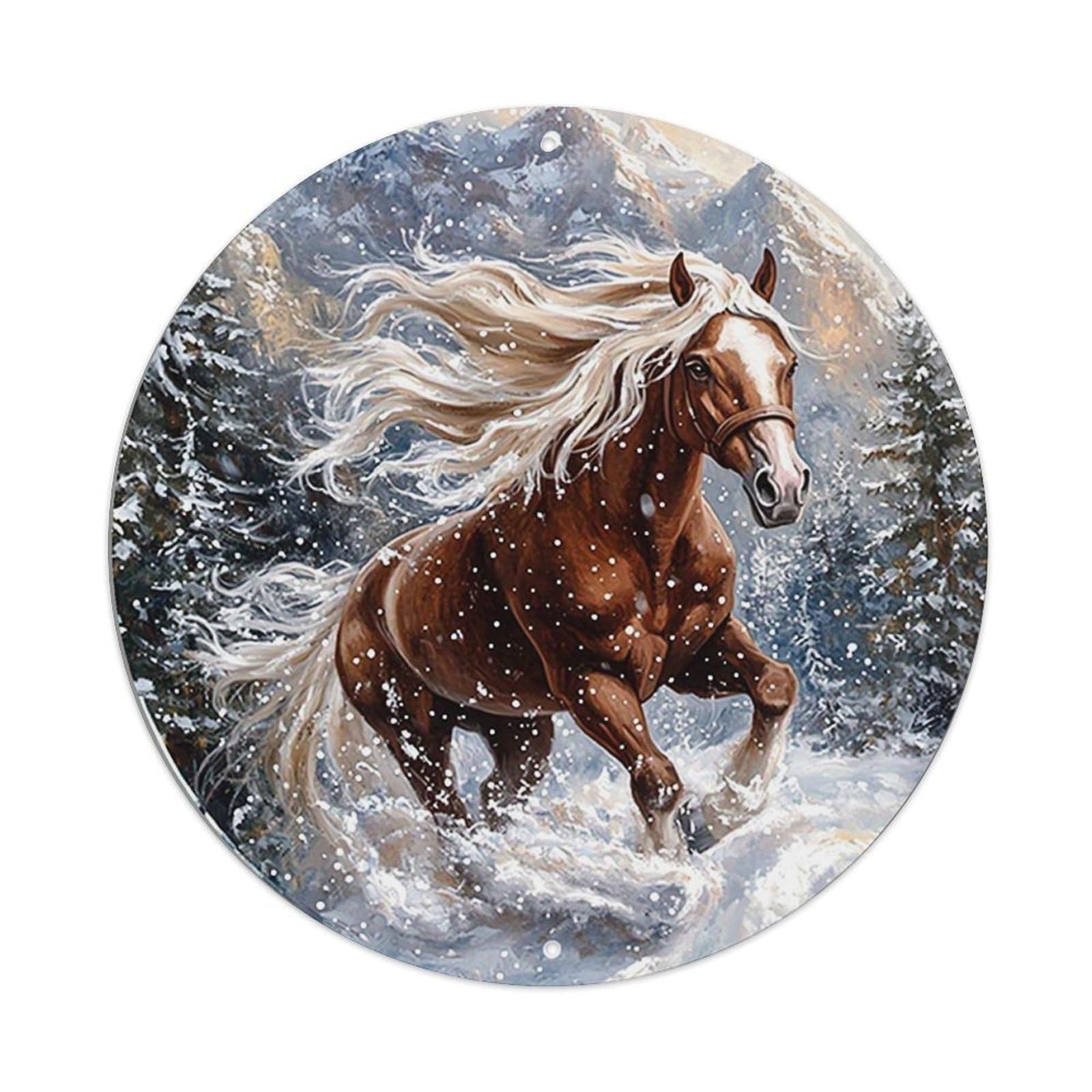 Galloping Horse In Snowy Mountains Vintage Metal Tin Sign Retro Wall Decor for Home Bar Garage Cafe, Indoor & Outdoor Decorative，circle Metal Poster, 8x8 Inch
