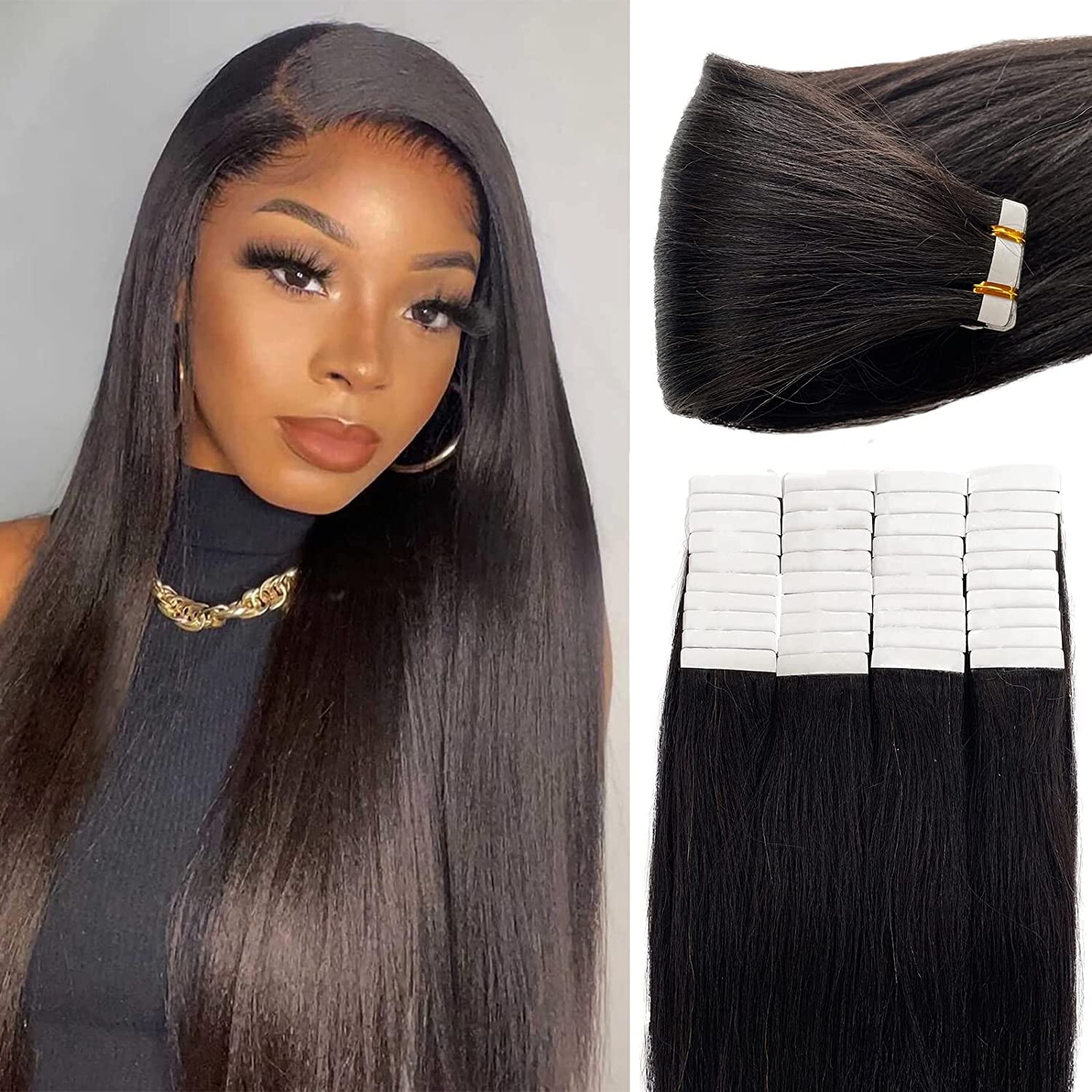Tape in Hair Extenions Human Hair, 100% Remy Human Hair Yaki Straight Tape in Seamless Skin Weft Tape Hair Extensions Real Natural Hair Extensions for Black Women 100g 40Pcs