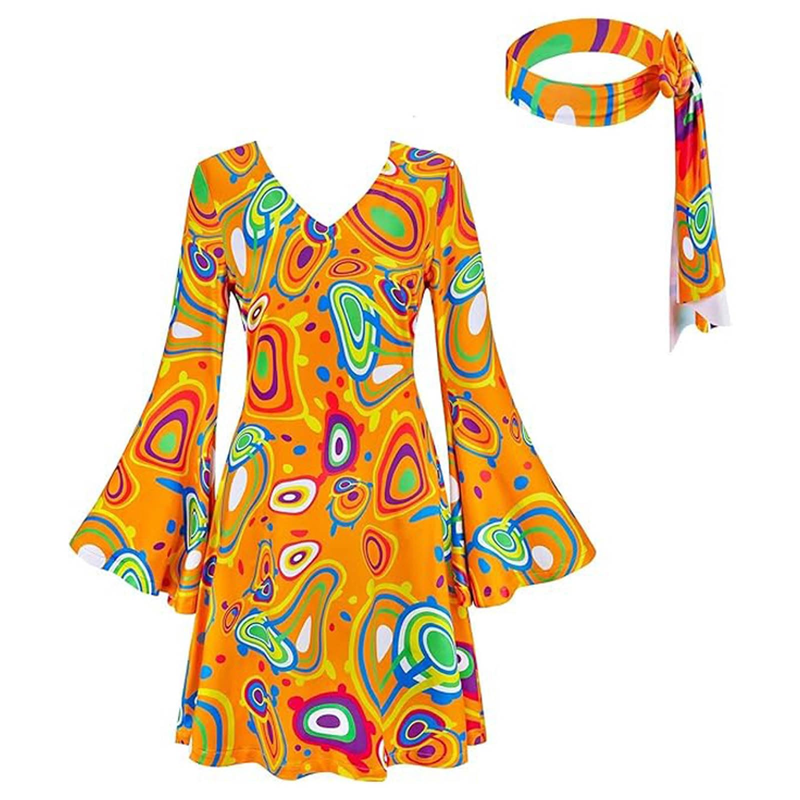Halloween Costume Women Hippie Dress 70s Retro Psychedelic Print Bell Sleeve Party Dresses Outfit Vintage Fancy Dress Carnival Festival Costume with Headband Accessories for Women Groovy Theme