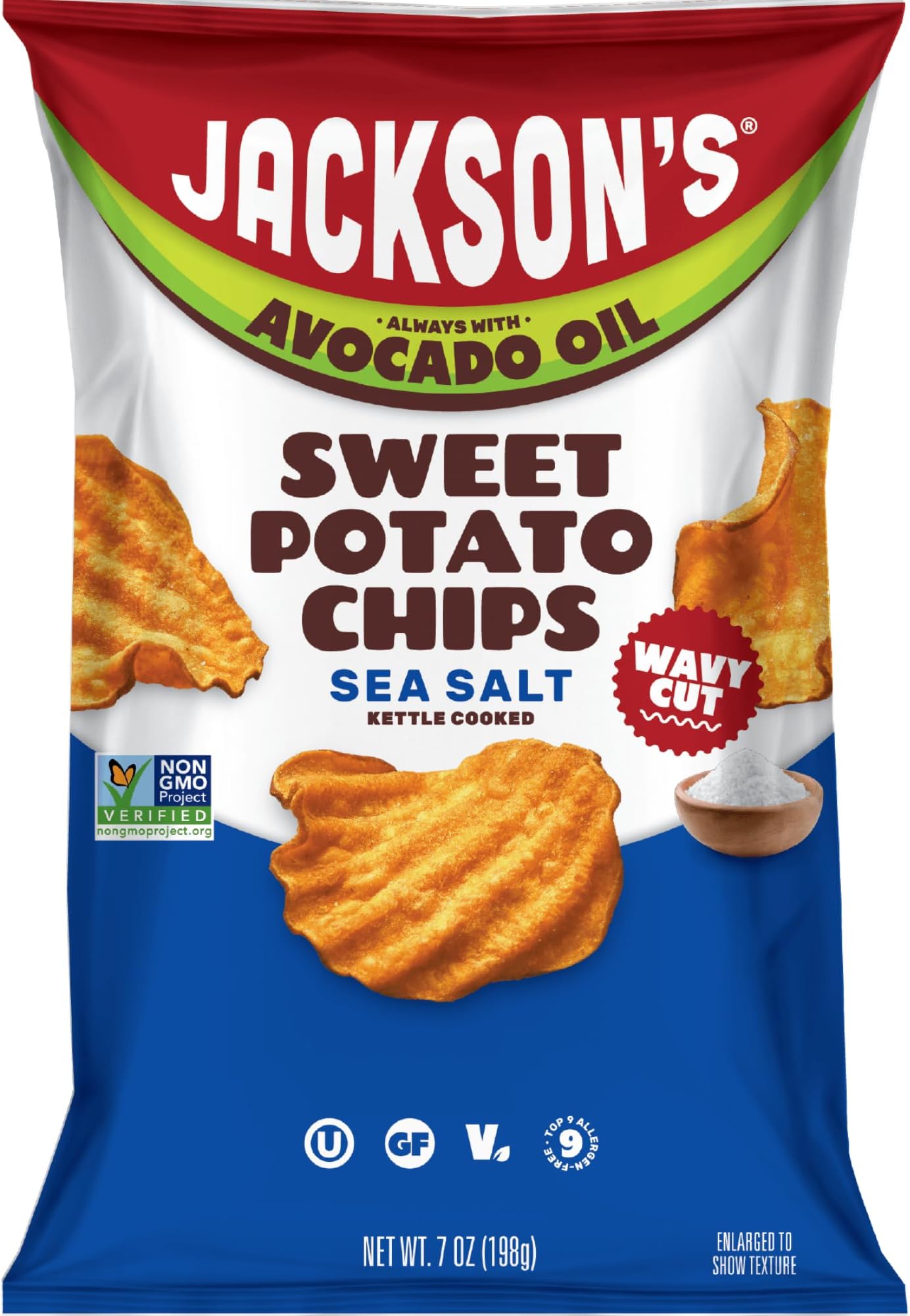 Jackson’s Wavy Sweet Potato Kettle Chips - with Sea Salt made with Avocado Oil (7oz, Pack of 6) - Allergen-friendly, Gluten Free, Peanut Free, Vegan, Paleo Friendly - Shark Tank Product