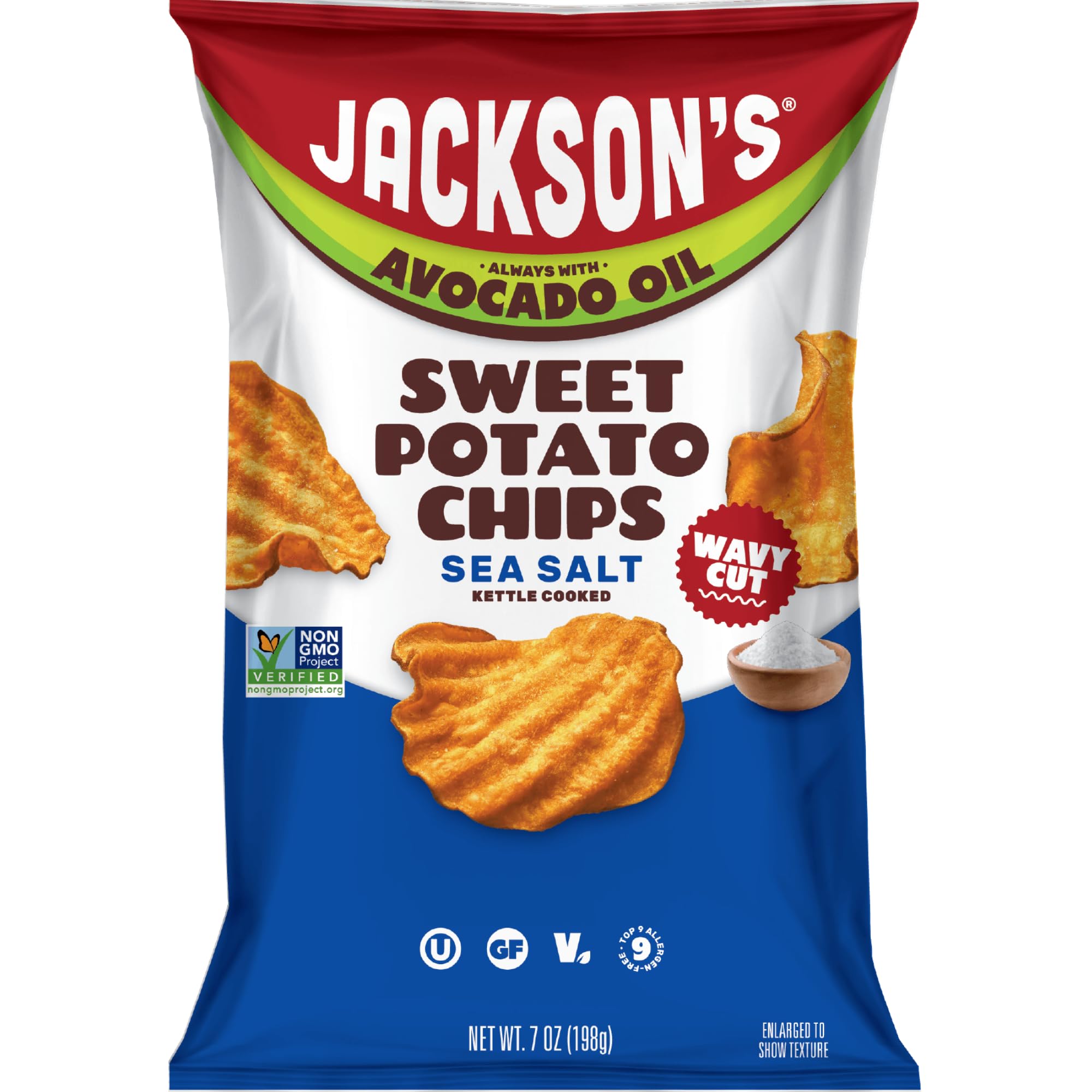 Jackson’s Wavy Sweet Potato Kettle Chips - with Sea Salt made with Premium Avocado Oil (7oz, Pack of 6) - Allergen-friendly, Gluten Free, Peanut Free, Vegan, Paleo Friendly - Shark Tank Product