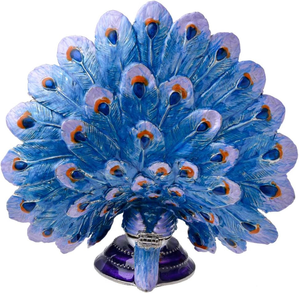 Silver Crystal Enameled Peacock Jewelry Box, Hand-Painted Hinged Blue Peafowl Trinket Box, Elegant Home Décor & Unique Gift for Bird Lovers