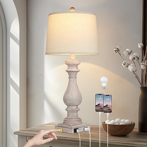 Miniatura 12 de Lámpara de mesa de granja de 29" para sala de estar, lámpara de mesita de noche vintage con puertos USB C+A y salida de AC, lámpara de escritorio