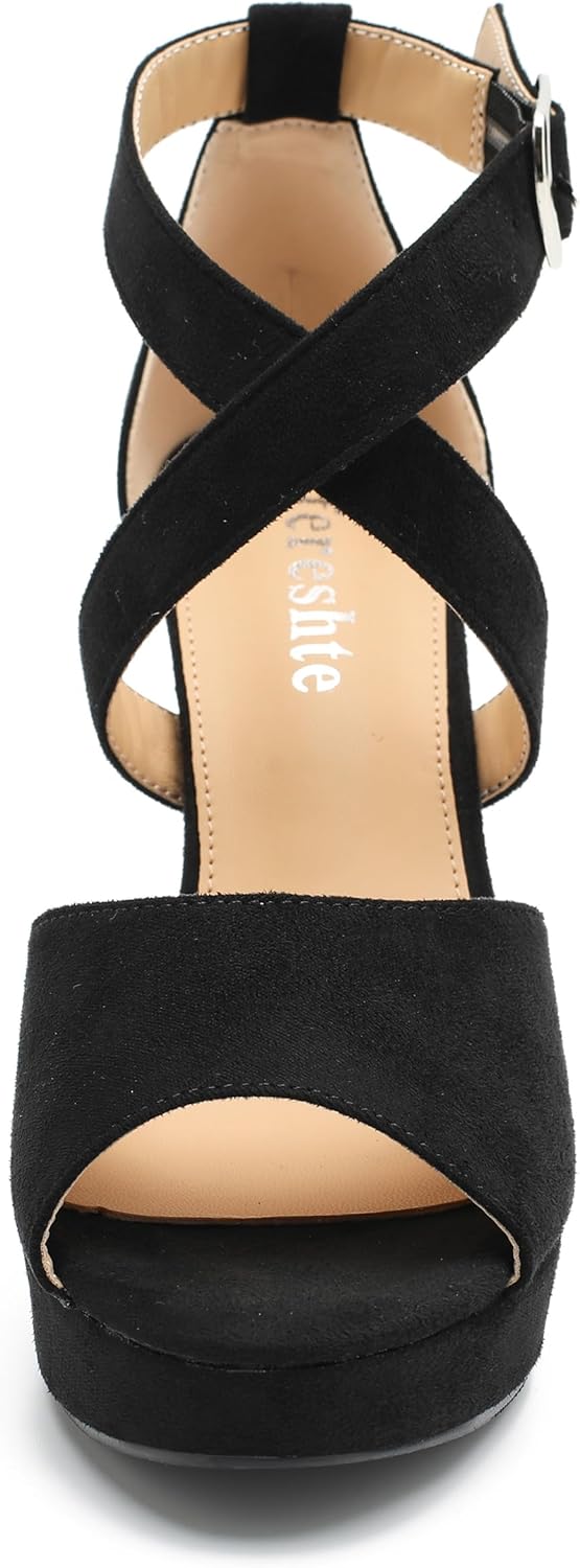 fereshte Women's Platform Sandals, Chunky Block Heel, Crisscross Ankle Strap, Open Toe, 3.94 Inch High Heeled Dress Shoes - Image 5