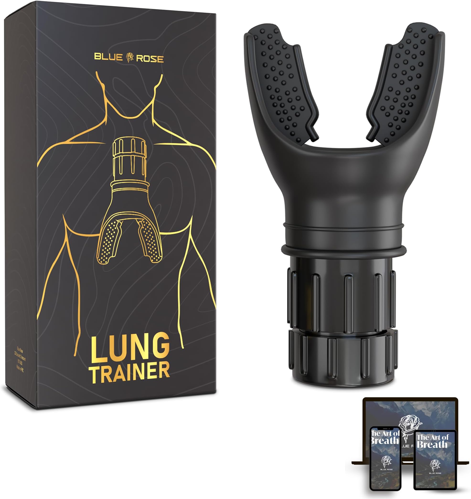 – Blue Rose Lung Trainer with Adjustable Resistance Breathing Exerciser & Lung Cleanse Device for Enhanced Lung Capacity, Fitness & Respiratory Health – Includes Free eBook (Black)