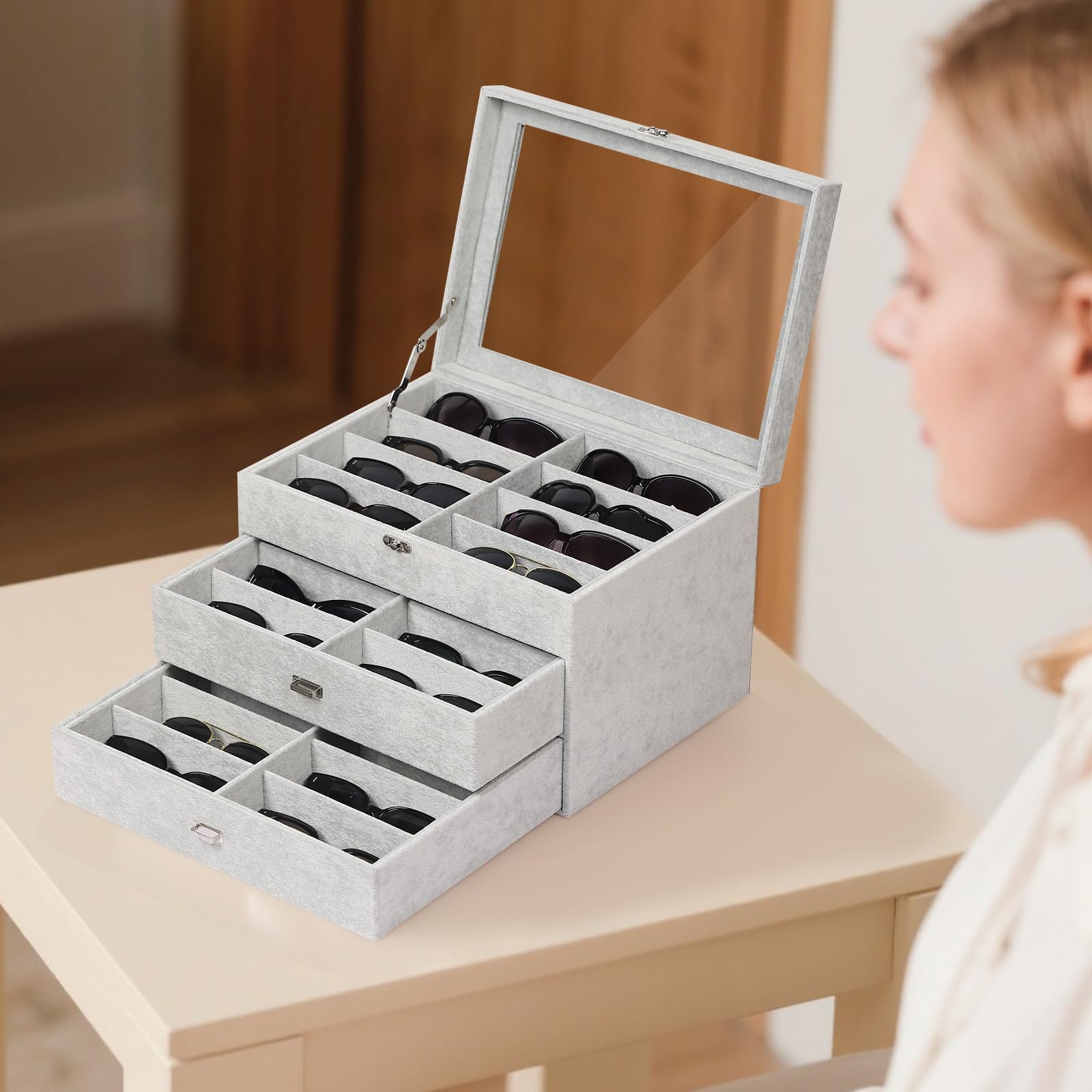 AUTOARK Aufbewahrungsbox für Brillen und Sonnenbrillen,mit durchsichtigem Deckel,verschließbar,24 Stück,MKAW049 | Weiches Eissamtfutter, Glasplatte, große Schublade, Brillenetui, Geschenk für Männer und Frauen
