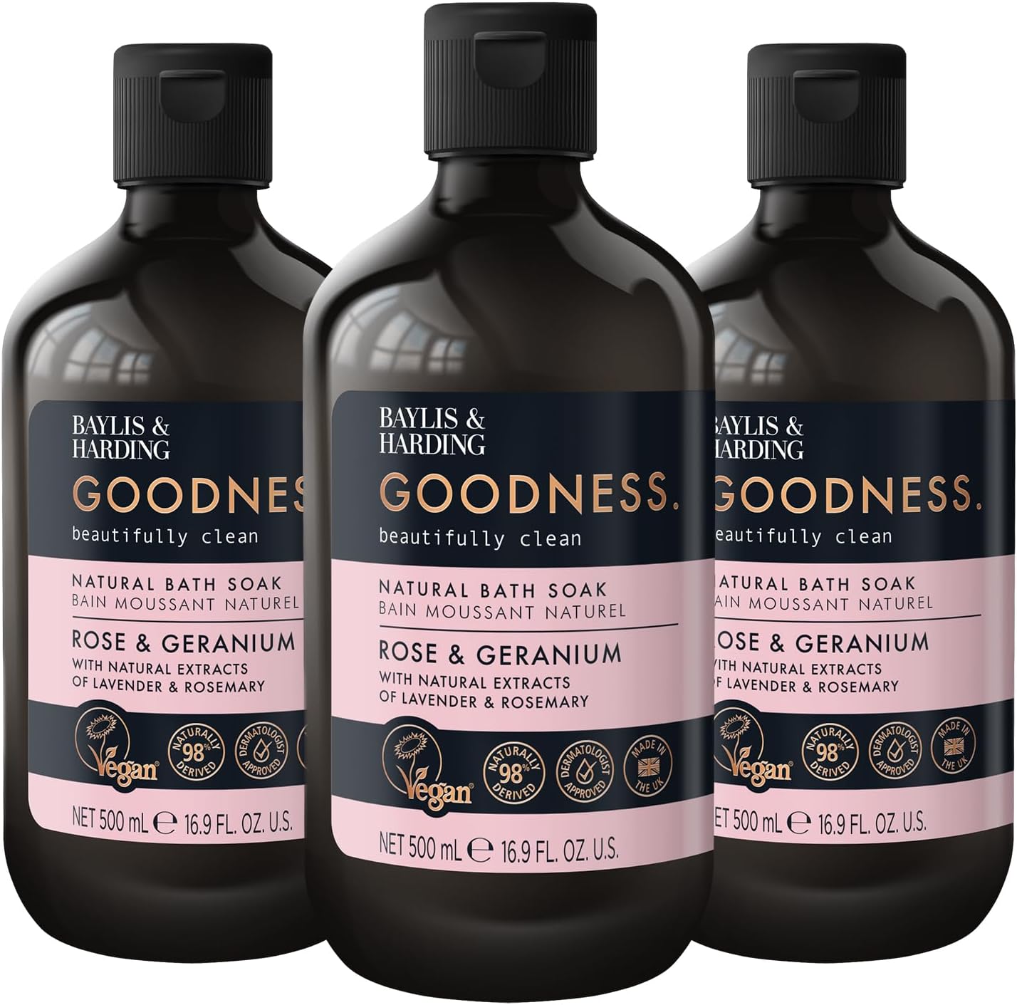 Baylis & Harding Goodness Rose & Geranium Natural Bath Soak, 500 ml (Pack of 3) - Vegan Friendly