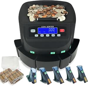 USD Coin Counter and Sorter with 5 Bins, 5 Tubes, and 96 Preformed Wrappers