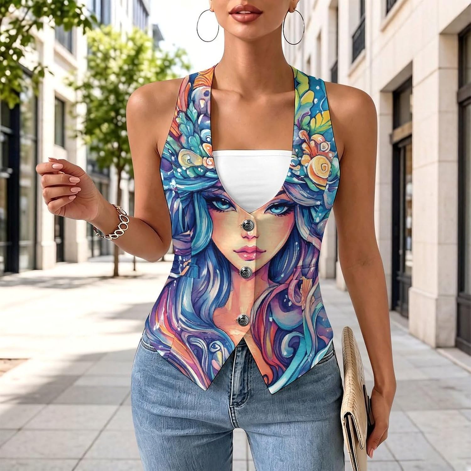 Thalassa Ocean God Greek Myth Women's Tuxedo Waistcoat Suit Vest | 3 Button V-Neck Slim Fit Casual Sleeveless Top