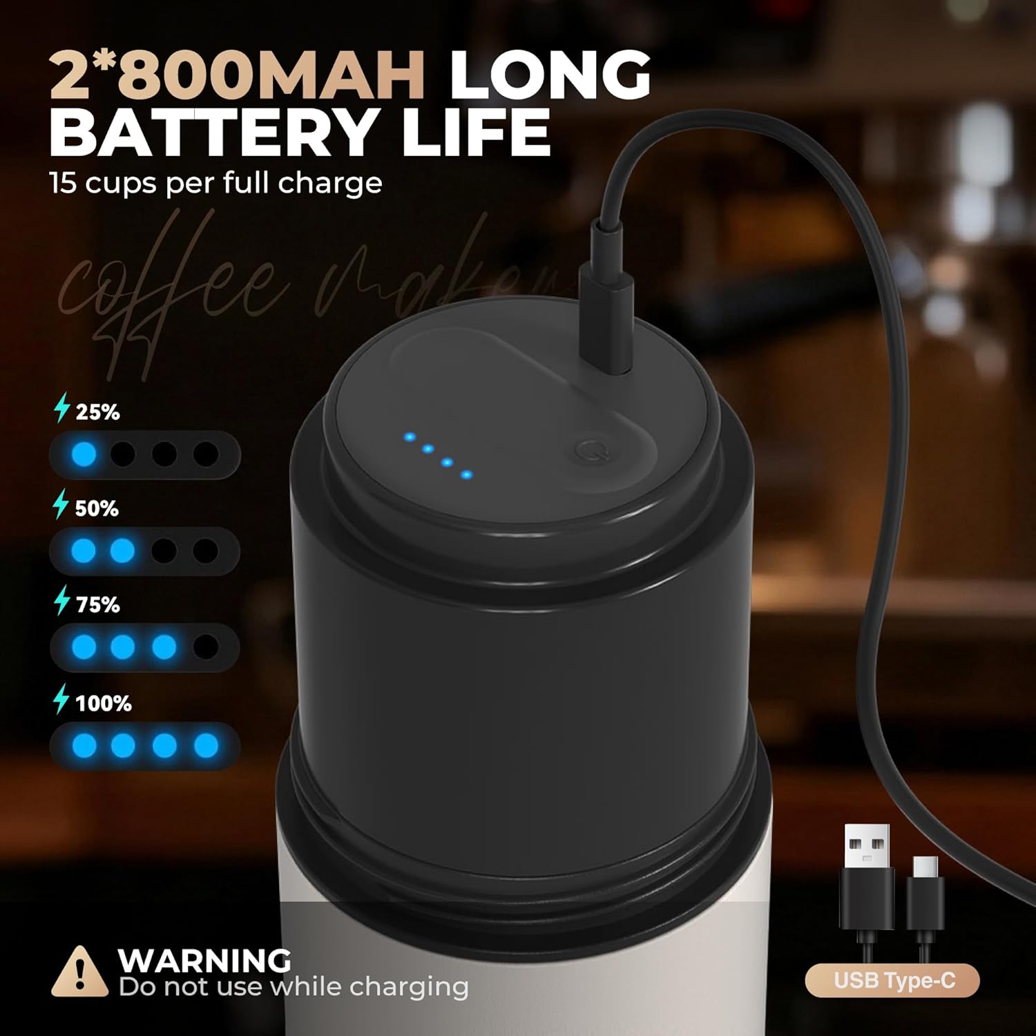 HAUSHOF Portable Coffee Maker, Travel Coffee Maker Battery Operated Small Pour Over Set, Compact Coffee Maker with Electric Grinder & Insulated Mug for Travel, Camping, Car