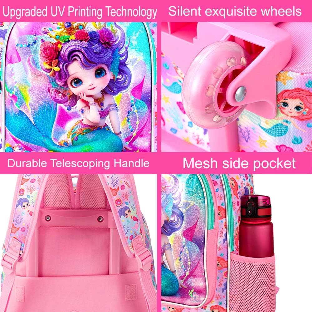 3Pcs Rolling Backpack for Girls, Kids Roller School Backpack with Wheels, Mermaid Wheeled Bookbag for Elementary Preschool Kindergarten(Pink) - Image 7