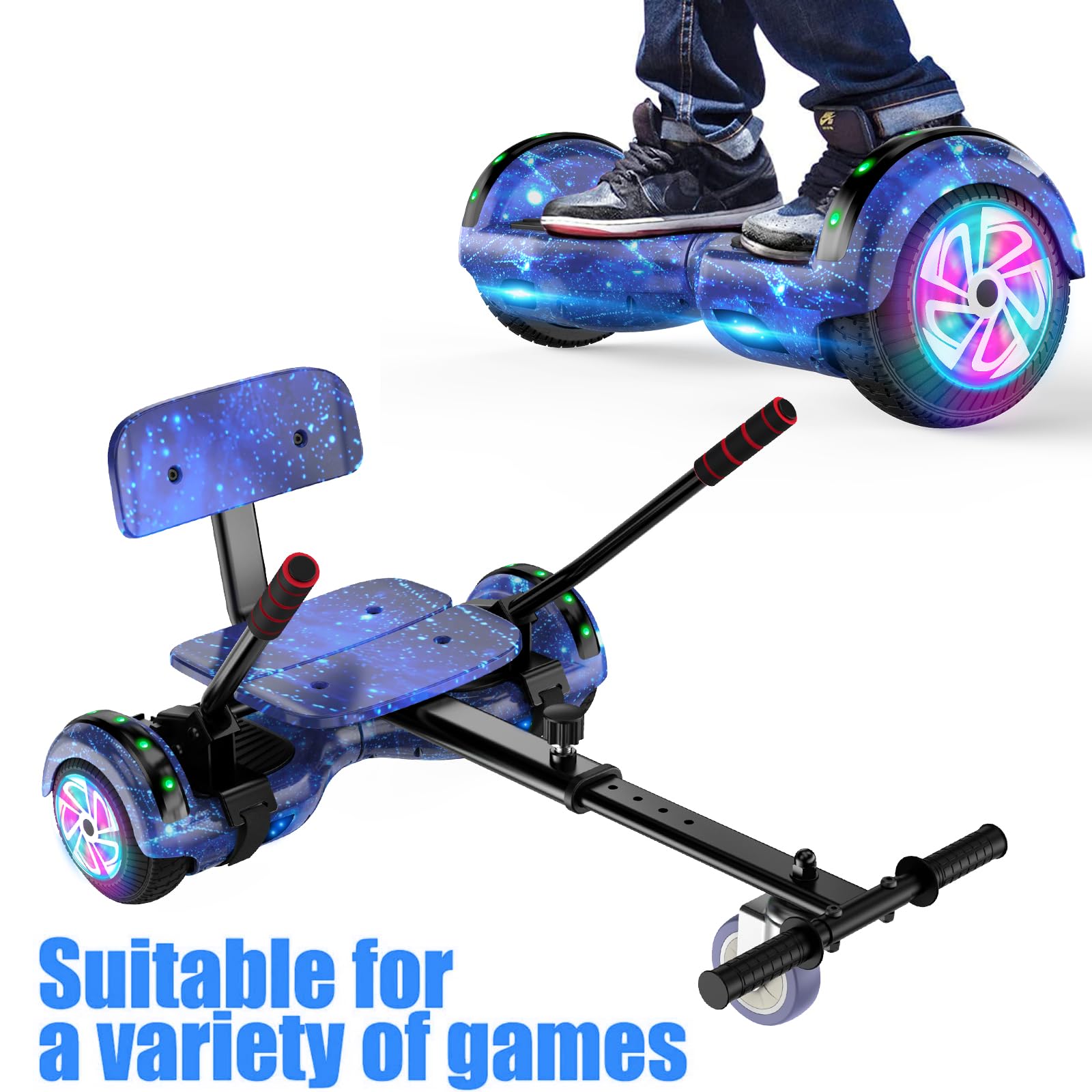 SISIGAD Hoverboard mit Hoverkart für Kinder, 6.5 Zoll Hoverboard mit Bluetooth Lautsprecher, mit LED-Leuchten, Geschenk für Kinder
