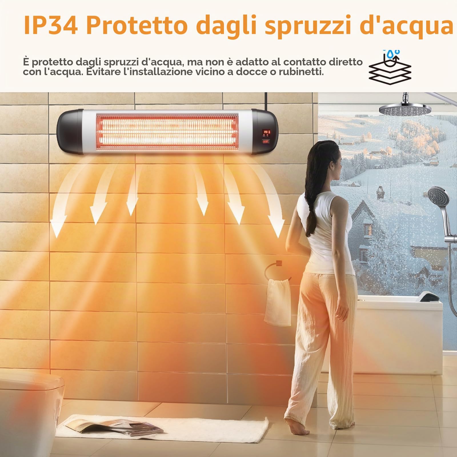 Stufa a infrarossi per terrazze, 2500 W, faretto a infrarossi per esterni, con telecomando, a parete, 3 livelli di riscaldamento, per terrazze, esterni, per bagno, balcone, giardino