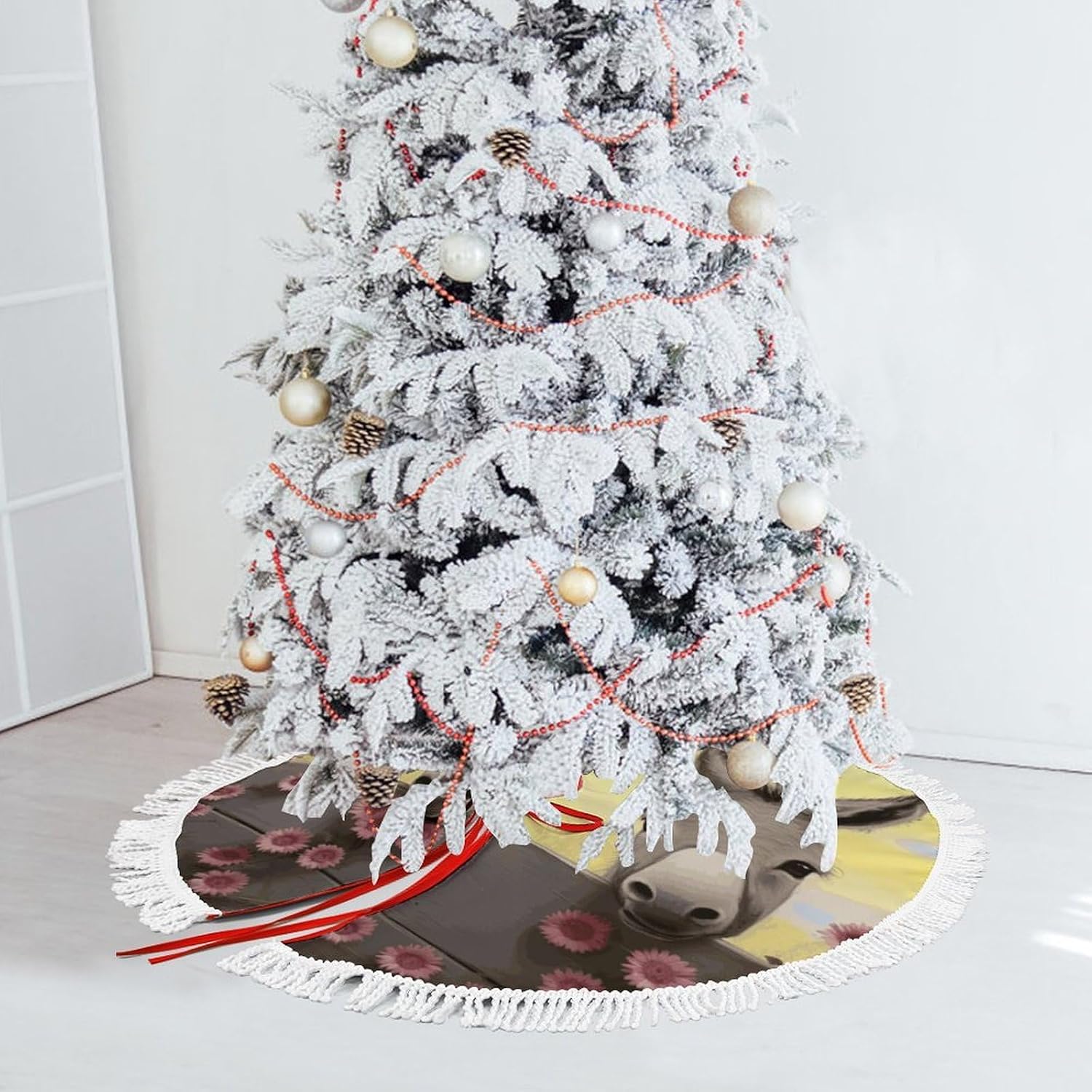 Christmas Tree Skirt Cute Xmas Trees Mat Skirts Personalization Christmas Round Tree Skirts for Holiday Party Decorative Supplies Donkey and Flower