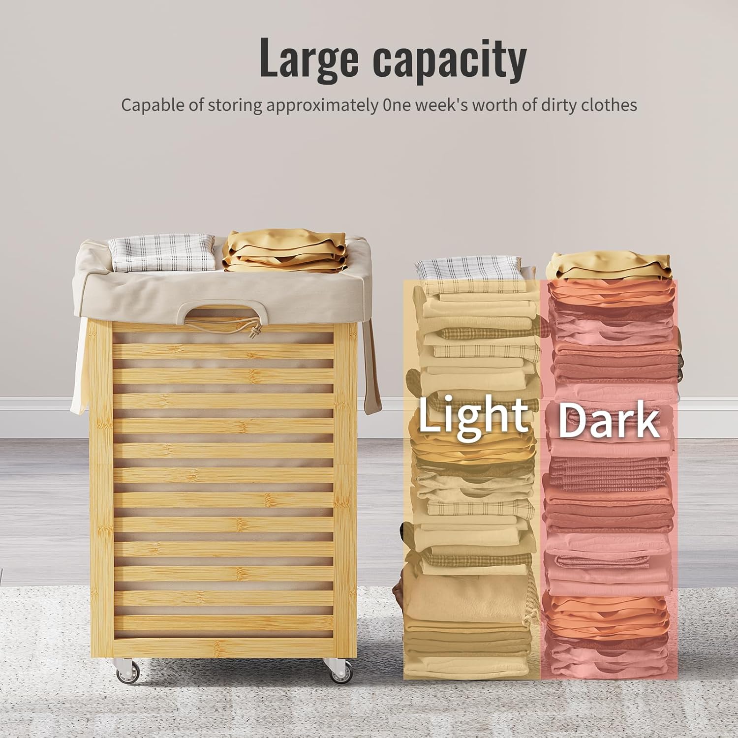 Laundry Hamper with Wheels,Rolling Laundry Basket with Removable Bag,Bamboo Clothes Hampers with Handles for Clothing, Bathroom, Bedroom, Laundry Room (Natural)