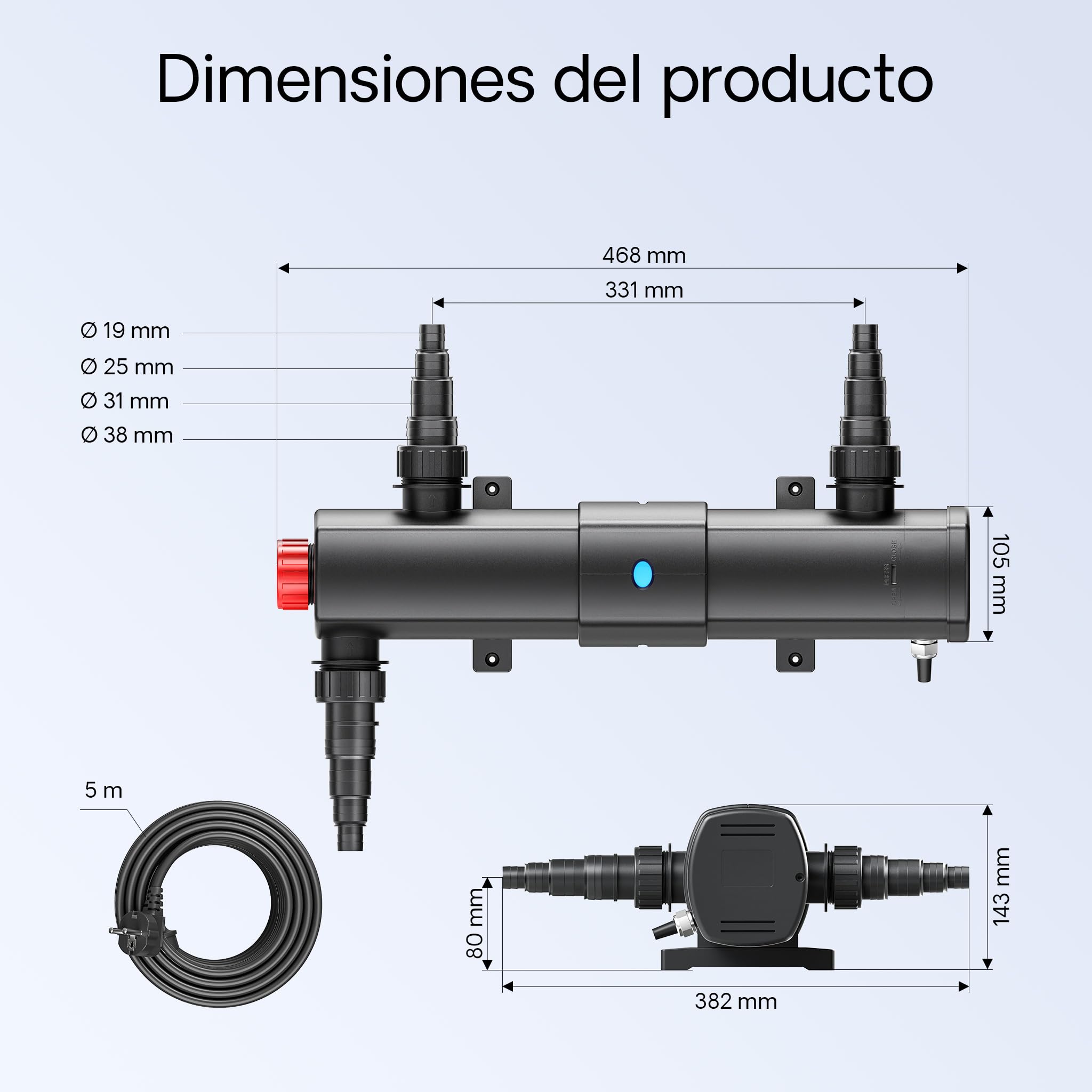 Bio-Kit de filtración con filtro UV Esterilizador 60000l w equivalente bomba 18 y 25 m jardin