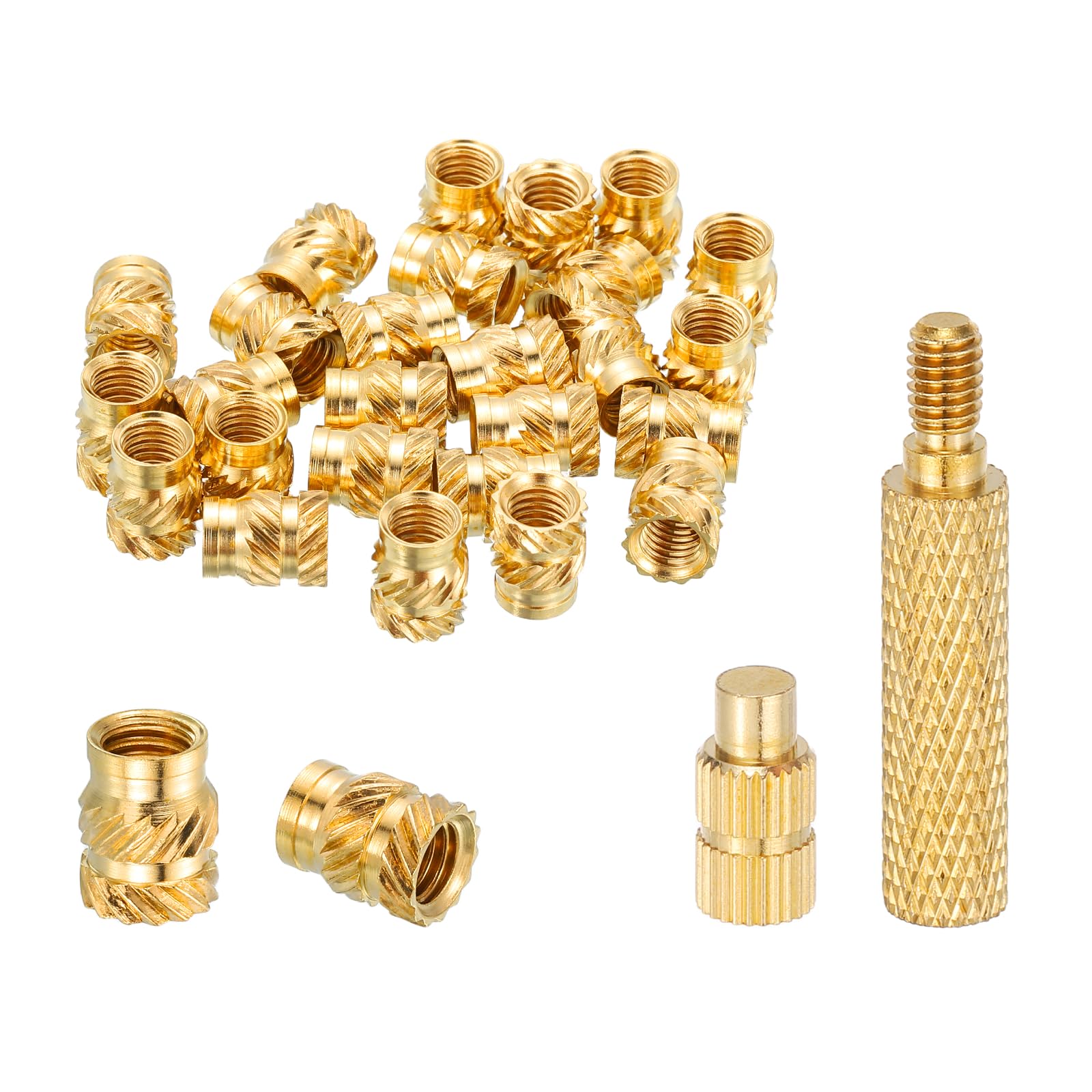 sourcing map 20 Pcs Threaded Inserts with Soldering Iron Tip Press Tool, M5 x 9mm H x 7mm OD Brass Metric Knurled Nuts Heat Set Inserts Embedment Nut for 3D Printing Plastic Parts