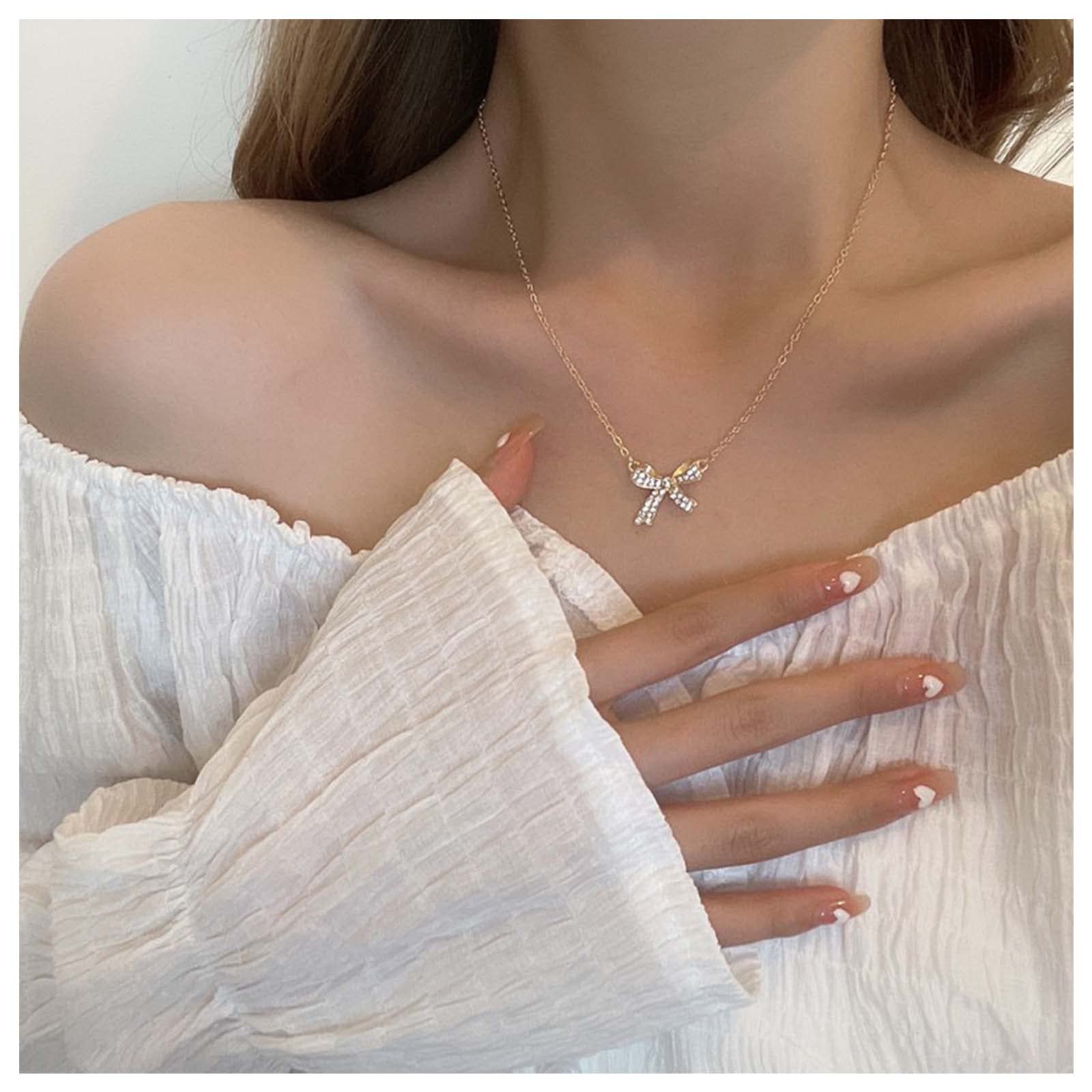 AllereyaeCrystal Bow Tie Pendant Necklace Rhinestone Bow Choker Necklace Tiny Bow Necklace Gold Minimal Necklace Jewelry for Women and Girls