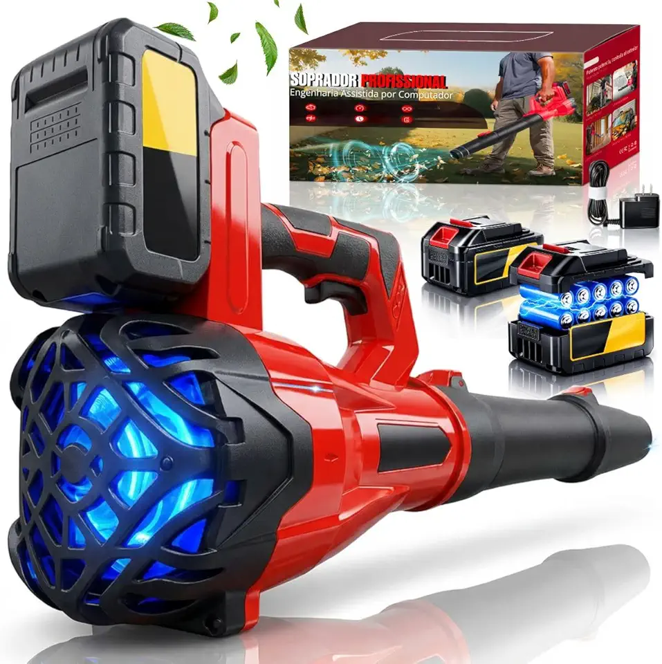 Soprador De Folhas A Bateria 21V Sem Fio Portatil Profissional Com 2 Baterias Velocidade Ajustavel 300 KM/H Limpeza Jardim Quintal Garagem Carro Casa