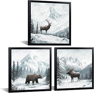 WELMECO Cabin Decor Forest Winter Painting Bear Moose Deer Wall Art Wild Animal Print Log Cabin Bathroom Bedroom Decor, with Black Frame, 12x12inchx3Pieces