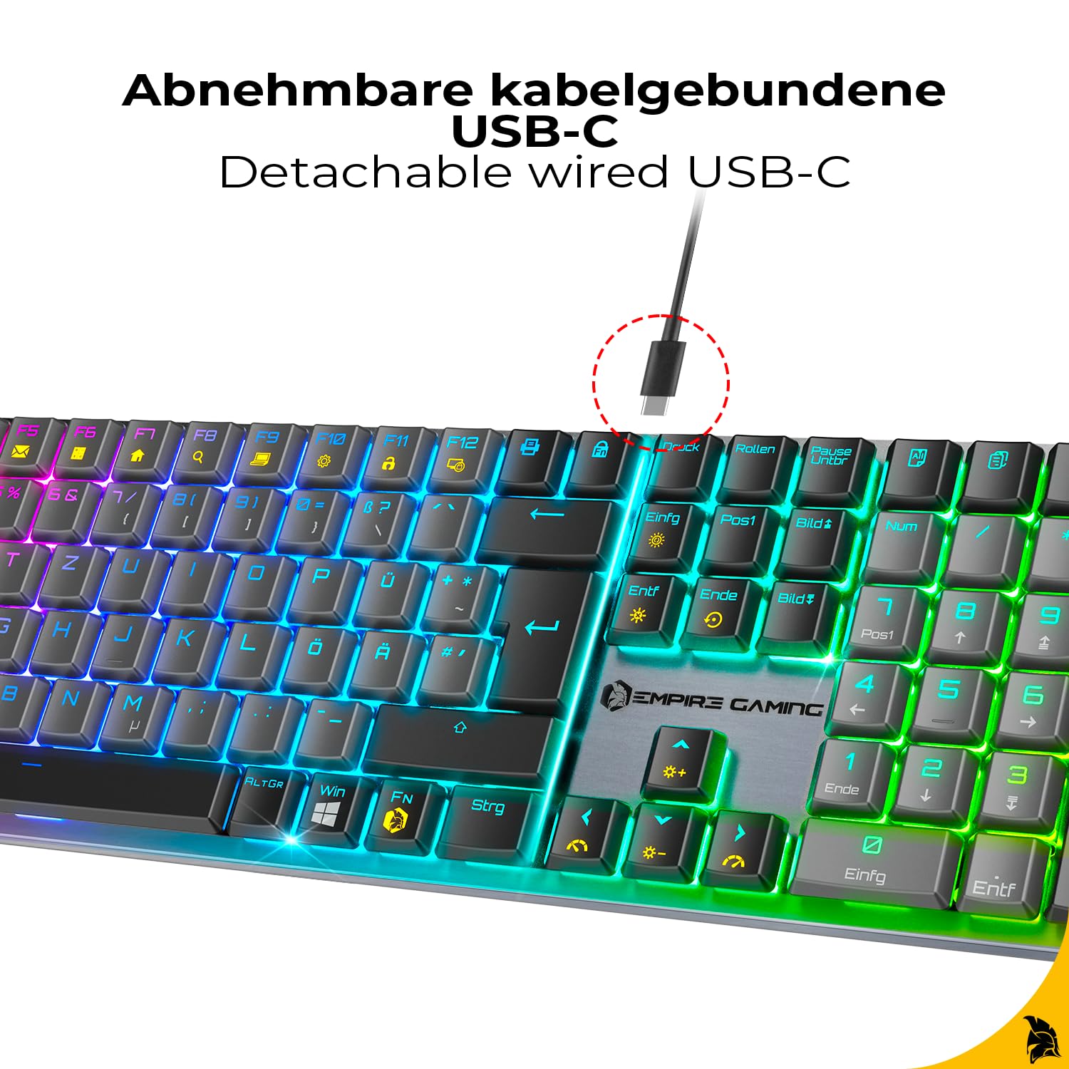 Empire Gaming K243 Mechaniczna klawiatura przewodowa układ DE (Qwertz), 111 klawiszy, odłączane USB-C, przełączniki MX Red, podświetlenie RGB z 24 efektami, funkcja Anti-Ghosting NKRO, do PC i konsoli