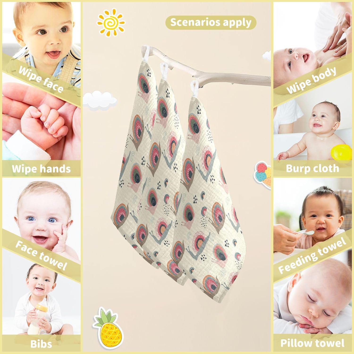 Rainbow Snails 100% Cotton Soft and Absorbent Terry 11.8" x 11.8" Wash Cloths Wipes for Face Hand Body Burp Rag with Sensitive Skin for Newborns Infants Toddlers