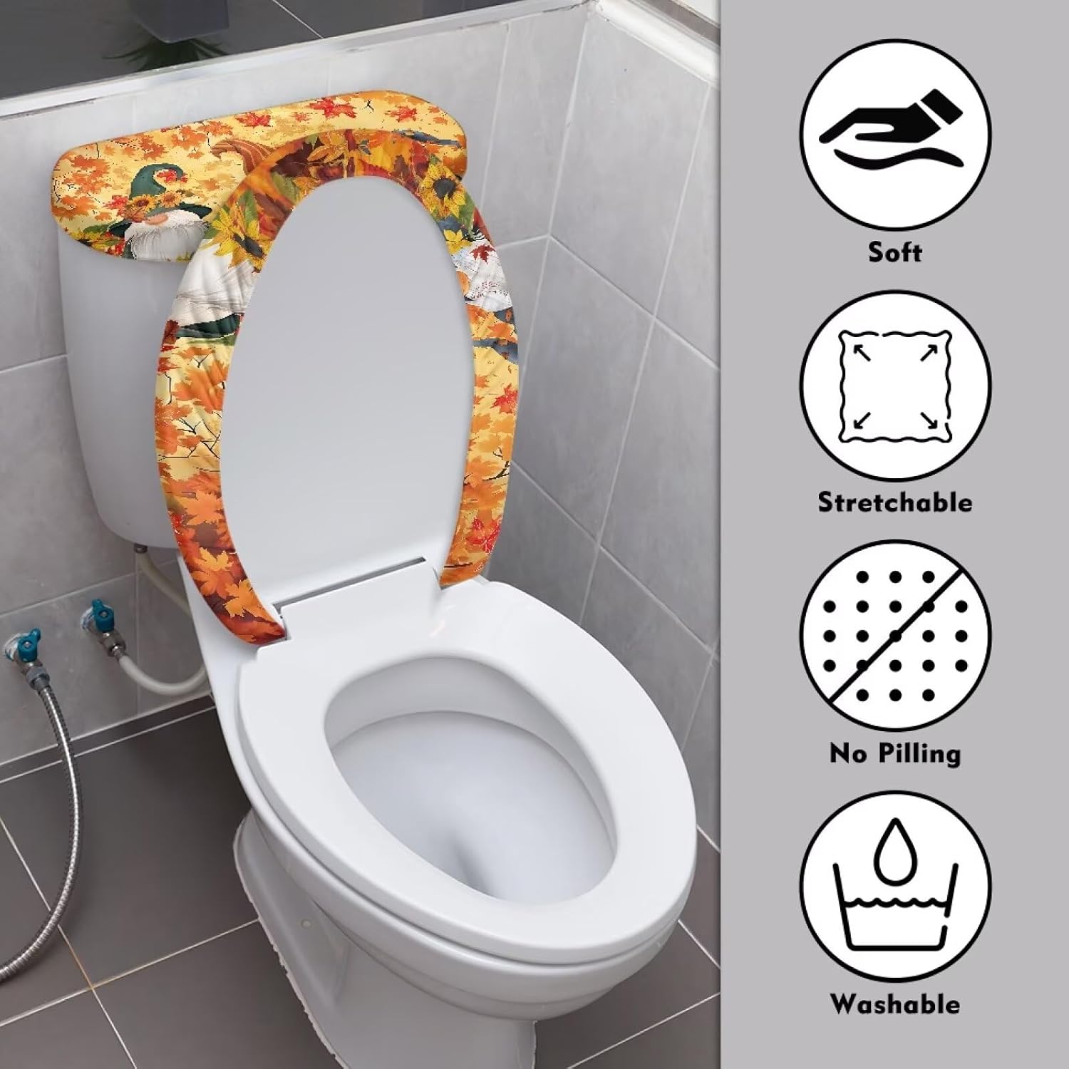 Gnome Toilet Lid Covers for Bathroom Set Maple Leaf Soft Toilet Seat Cover Set for Thanksgiving Washable Elongated Home Decoration