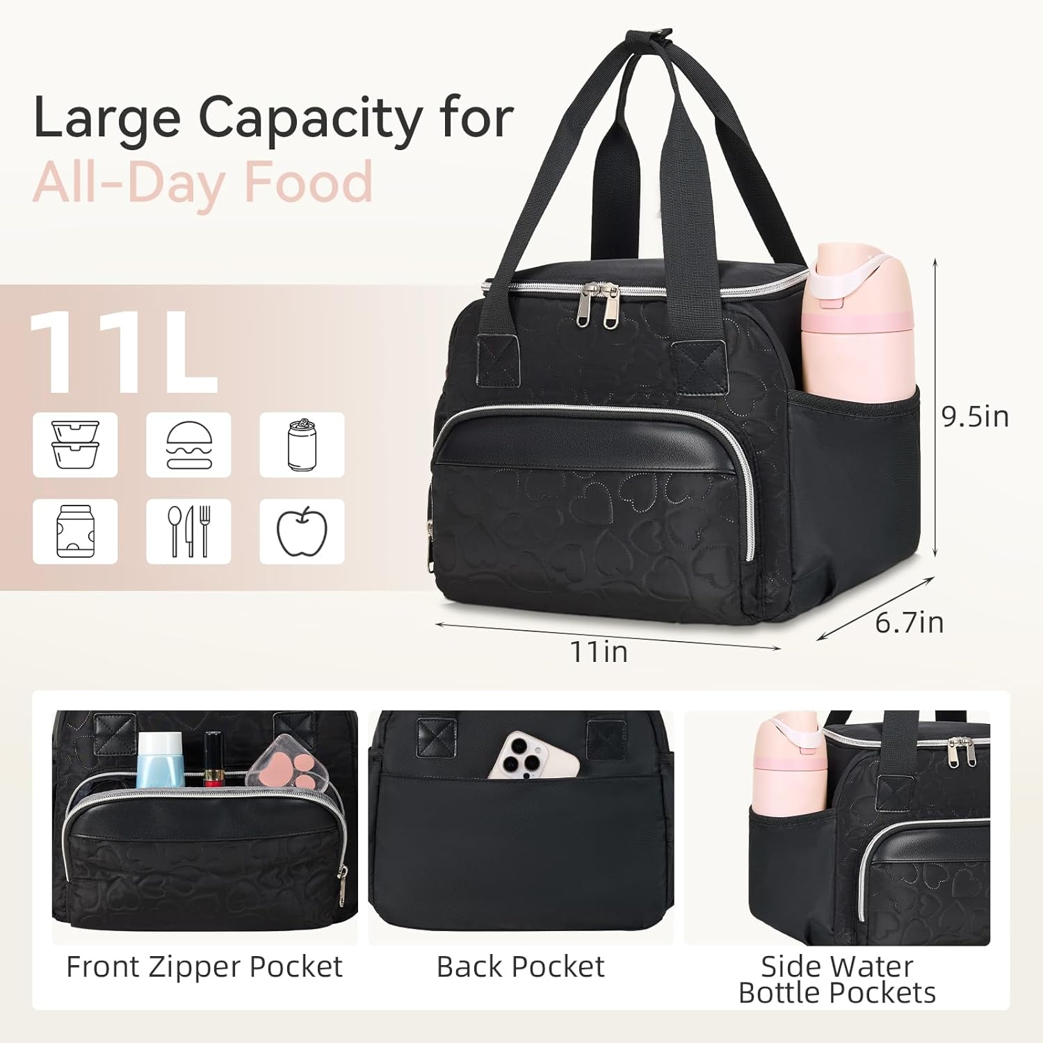 holuxer Insulated Lunch Bags for Women - Large Reusable Leakproof Cute Lunch Box for Adult, Portable Cooler Tote Bag for Work Picnic Meal Prep (Black)