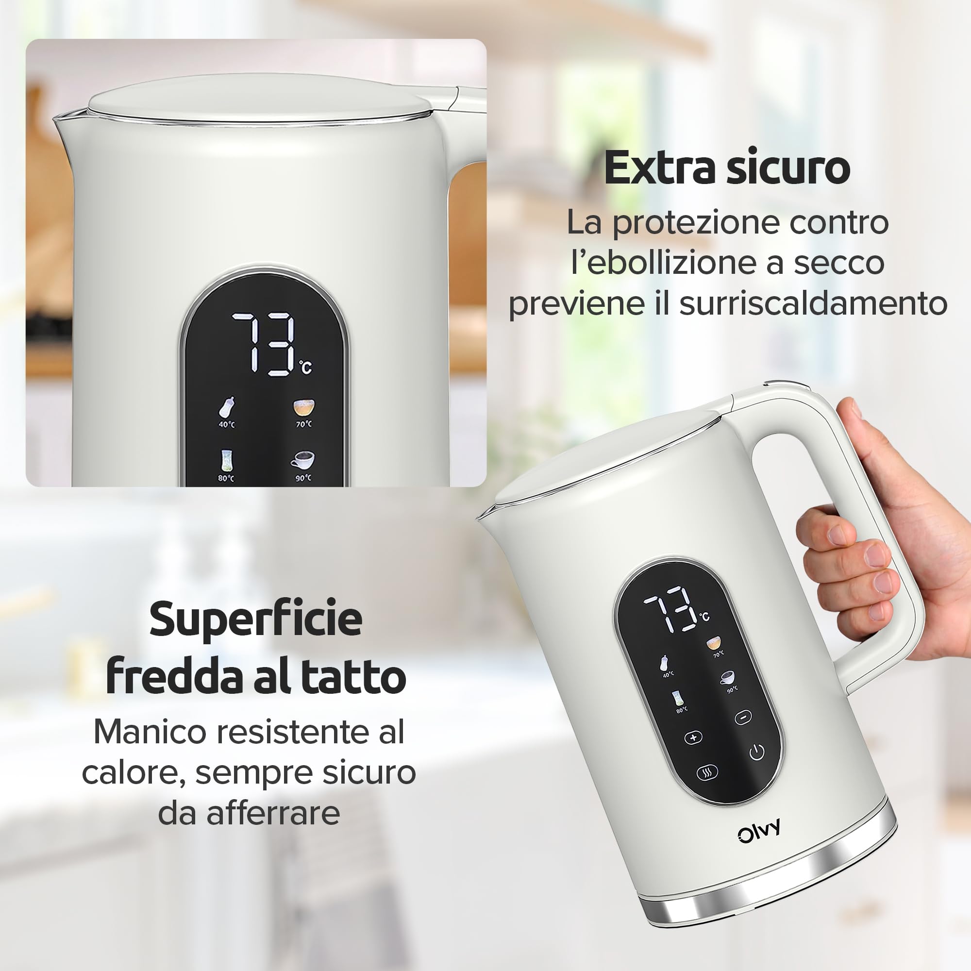 Olvy Bollitore Elettrico Senza Fili 1,7L con Controllo della Temperatura – Kettle Elettrico in Acciaio Inox, Doppia Parete Isolante, Funzione Mantenimento Caldo – Bollitori Elettrici 2200W