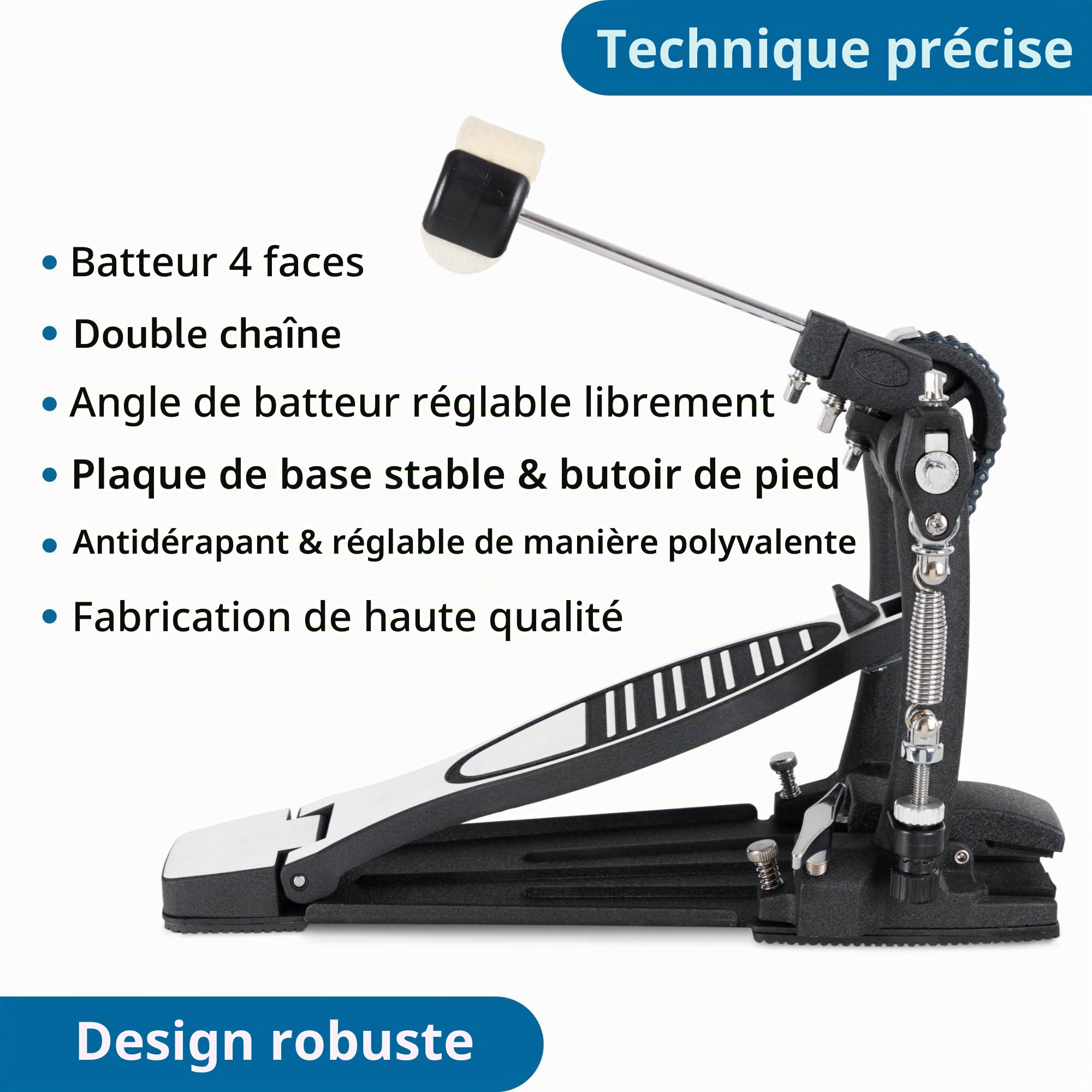 XDrum Pedale Pro, Double (double chaîne, 4 side beaters, butée de pied, réglable polyvalent, angle de mailloche librement ajustable)
