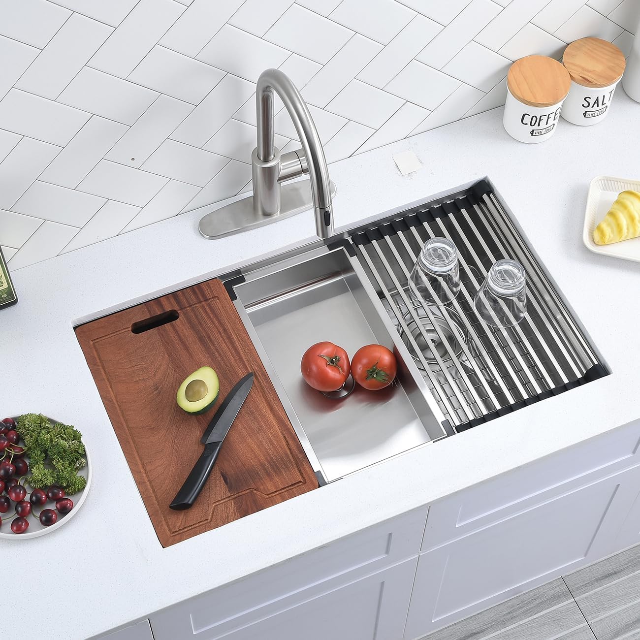 Scamall 32x19x10 Undermount Kitchen Sink Workstation, Brushed Silver 304 Stainless Steel Deep Double Bowl with Quick Drainage & Tarnish-Free Surface for Bar, Laundry, Includes Accessories