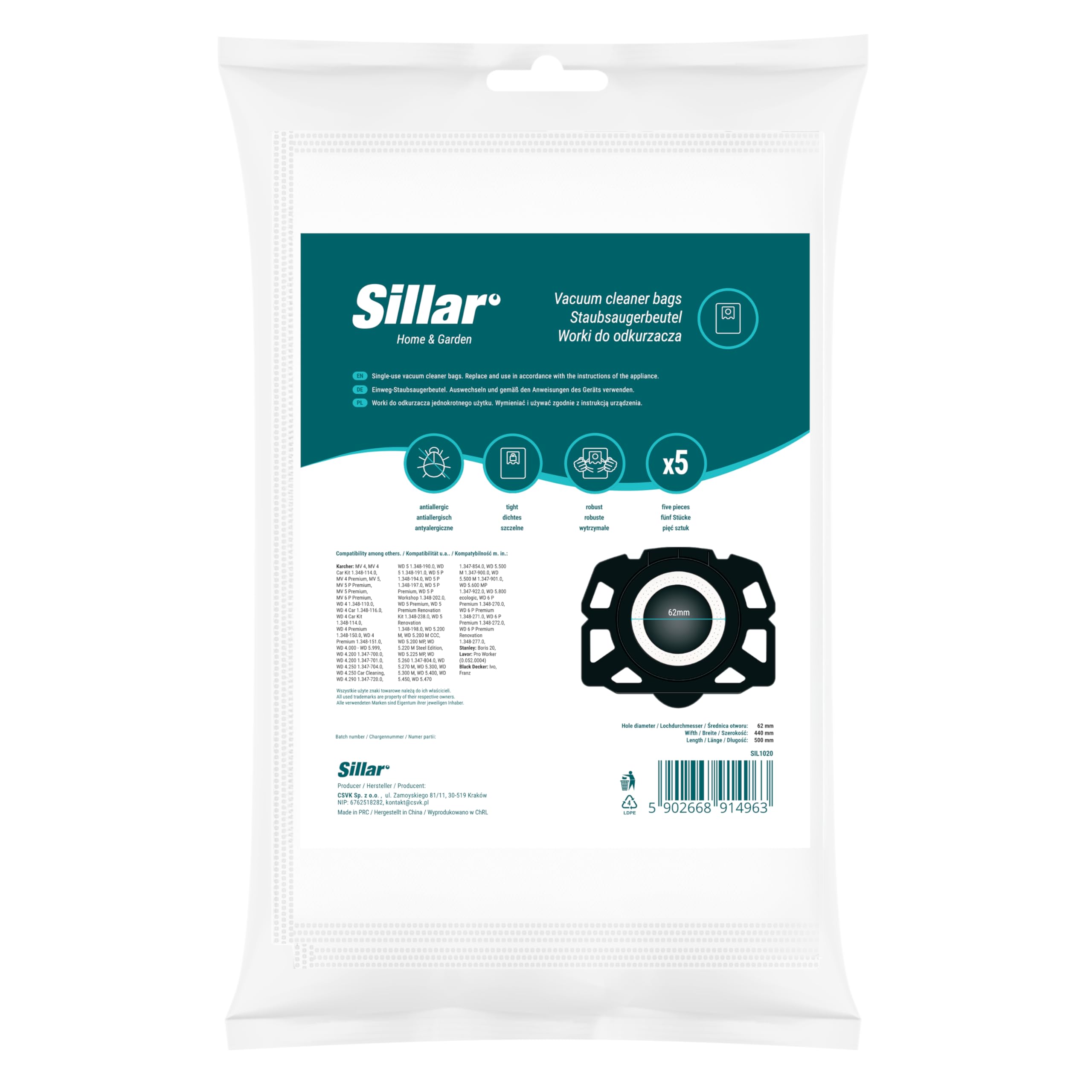Sillar 10 worków do odkurzacza Kärcher 2.863-006.0 WD4 WD5 WD6 WD5P WD6P MV4 MV5 MV6 | Worki filtrujące KFI 487 z włókniny do odkurzaczy na sucho i mokro
