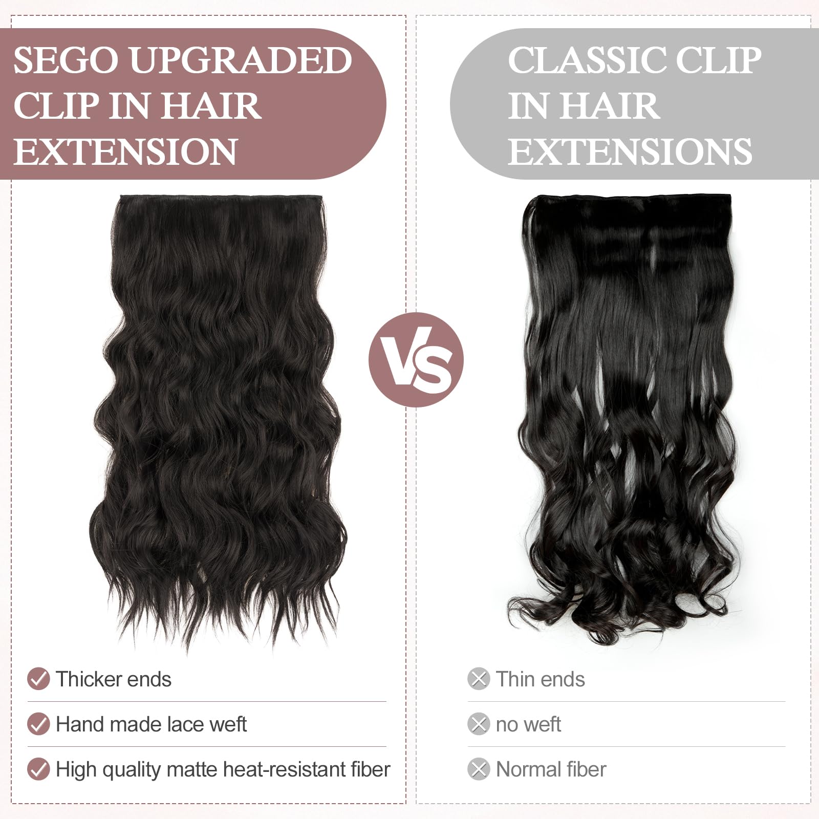 SEGO 3/4 Full Head Clip in Hair Extensions Long Wavy Synthetic Hairpiece 20 Inch One Piece Clip In Hairpiece With 5 Secure Clips - Image 3