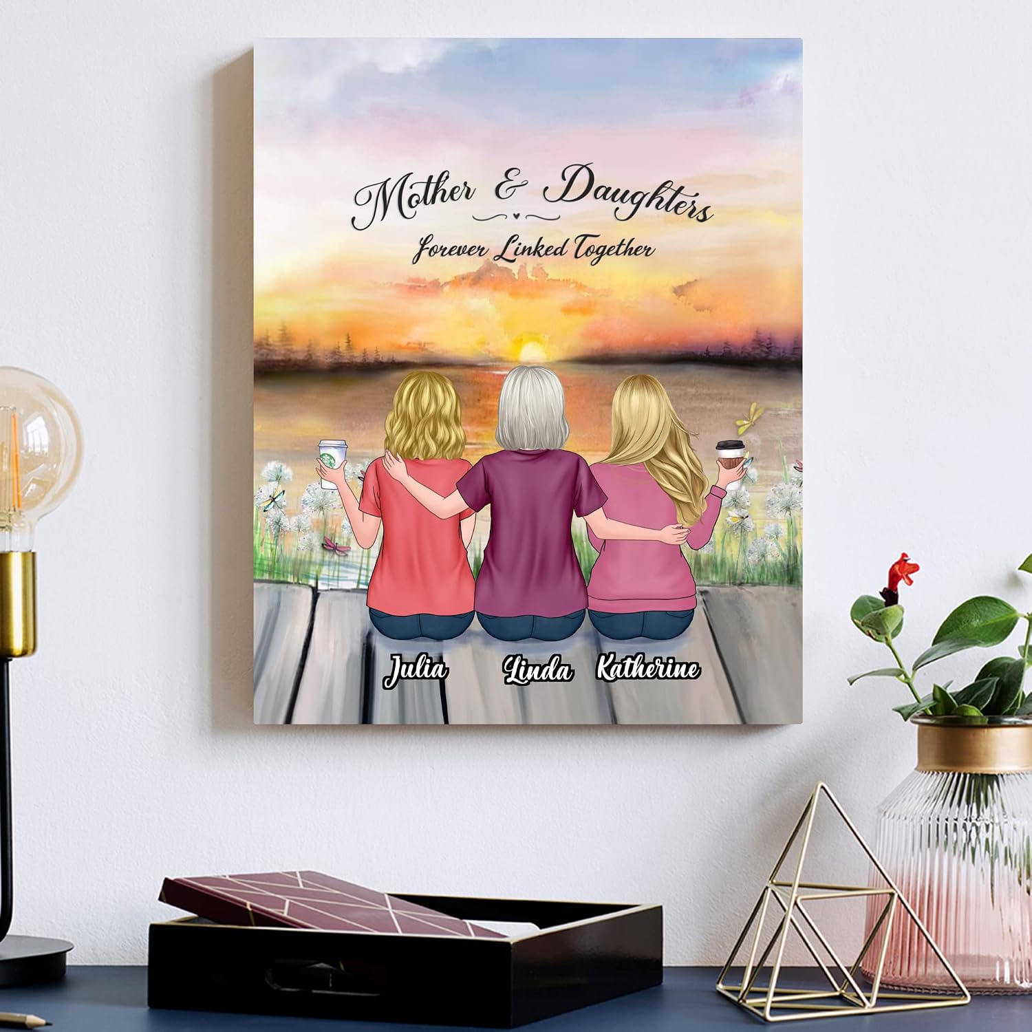 Gossby Custom Mom Wrapped Canvas - Custom Christmas, Birthday, Mothers Day Gift for Mom from 2 Daughters with Design, Name - Cute Mother Daughter Gifts - Mother Daughters Forever Linked Together
