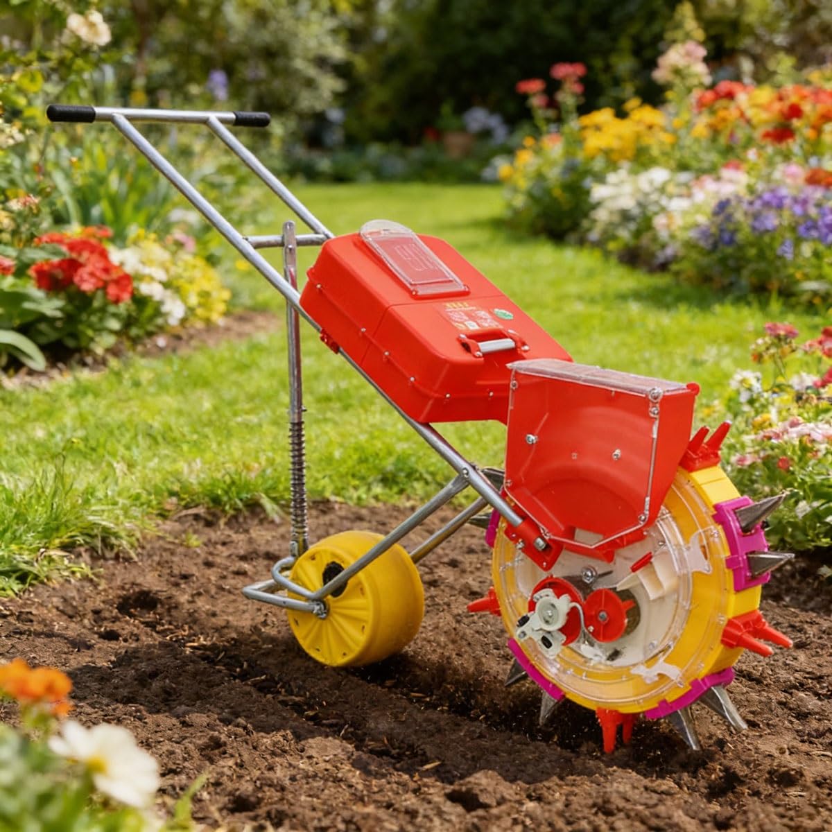 Seminatrice manuale con applicatore di fertilizzanti, seminatrice da giardino con rullo, profondità regolabile, per piantare mais, cotone, soia, arachidi(4 holes)