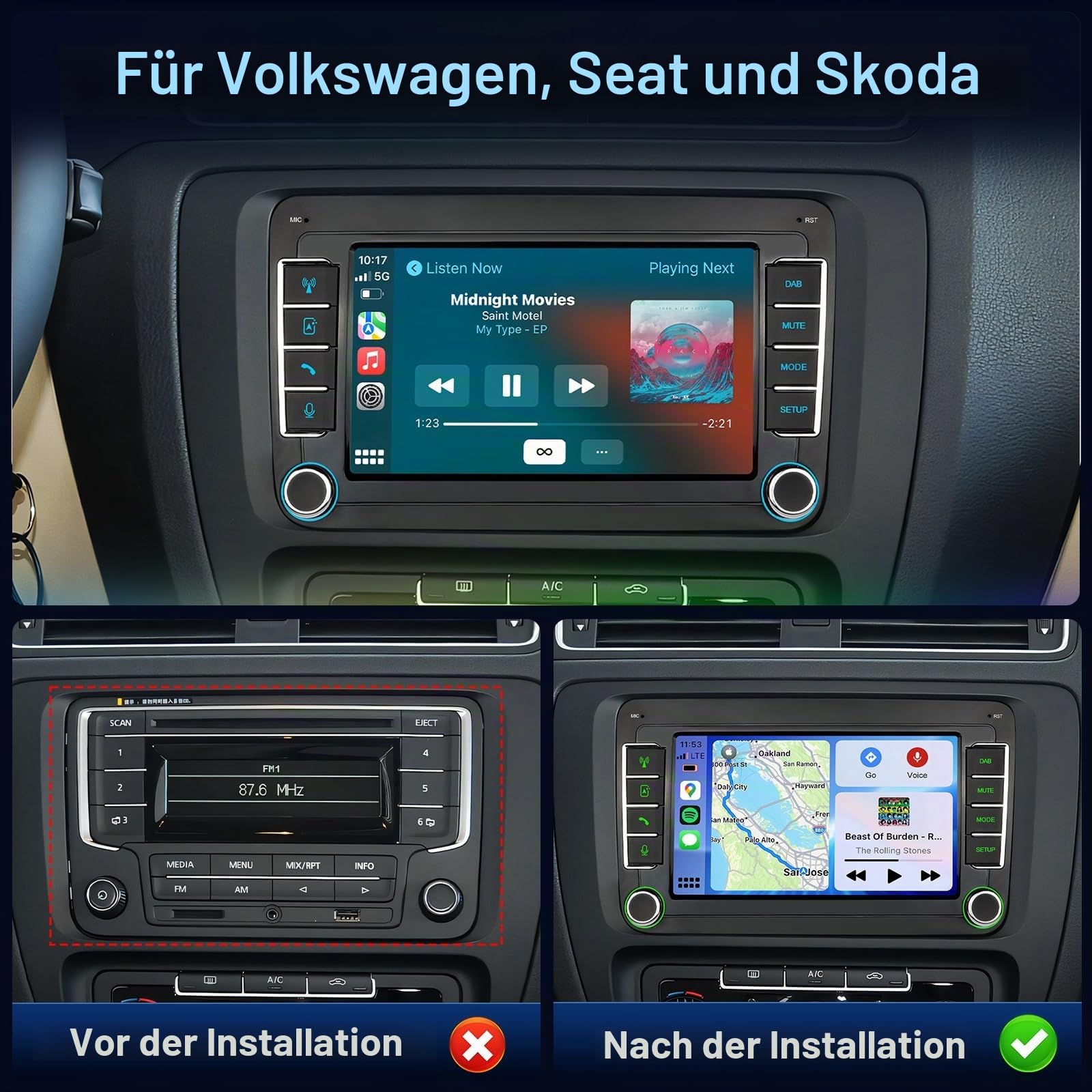 DAB Autoradio mit Bildschirm für VW Golf 5 6 T5 Polo 6R Caddy Skoda Tiguan Seat Passat, 7 Zoll Radio mit Apple CarPlay Wireless Android Auto Mirrorlink, Bluetooth, FM, Lenkradsteuerung, DAB+ 2Din