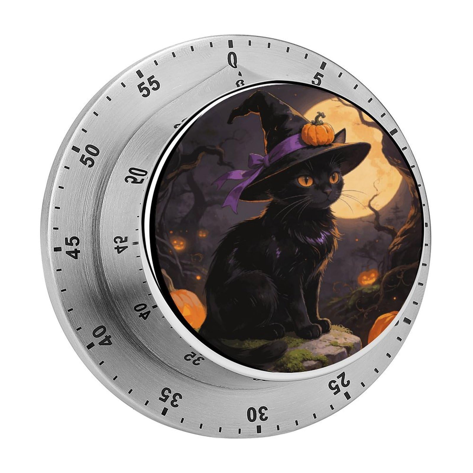 Moonlit Witch Cat Timer Exquisite Stainless Steel Body Desk Visual Timer with Loud Alarm 60-Minute Mechanical Countdown Timers Magnetic Backing Cooking Kitchen Timers for Work
